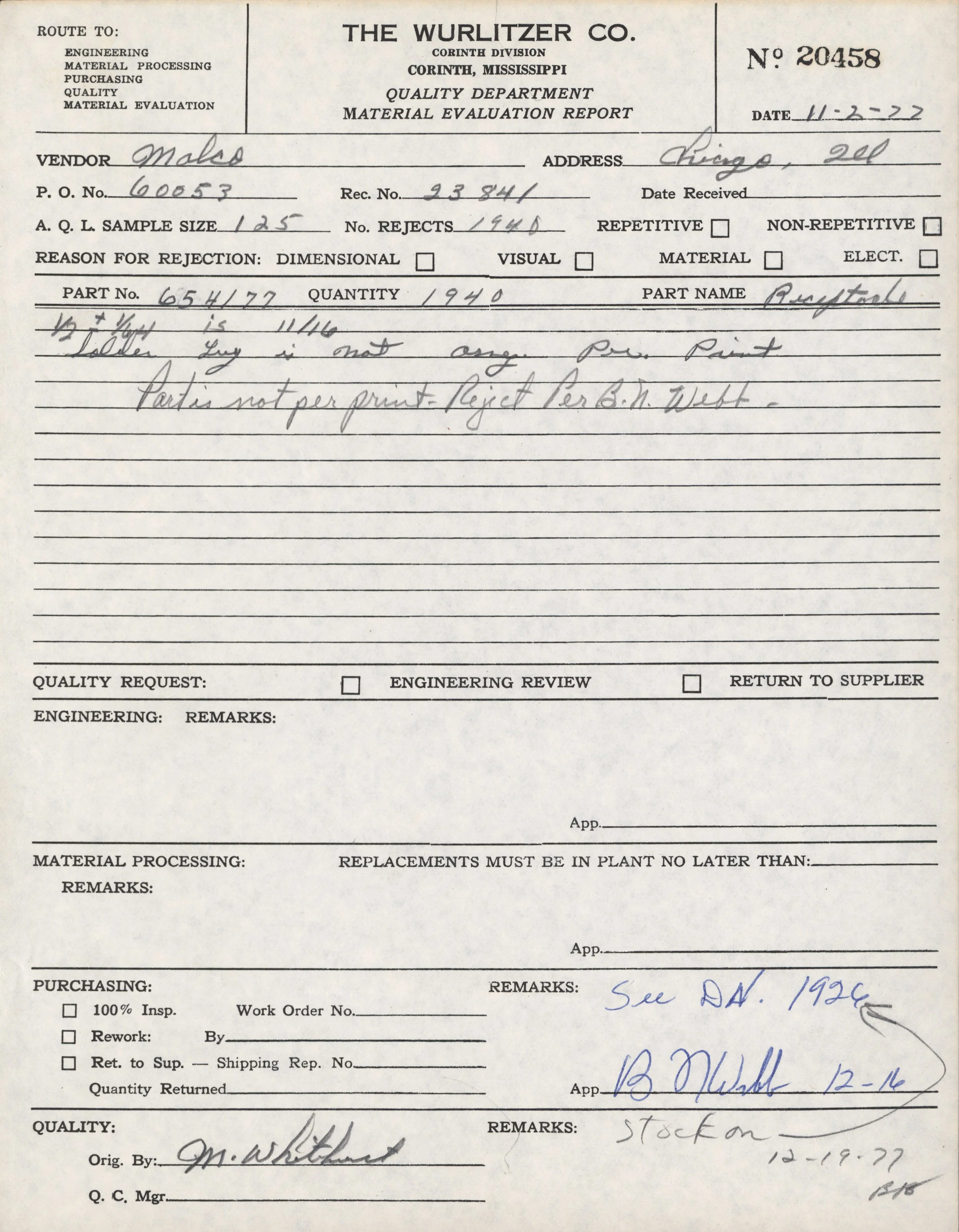 A vintage material evaluation report form from The Wurlitzer Co., located in Corinth, Mississippi, dated 11-2-27. The form contains handwritten notes about a part number, quantity, and remarks, with some sections filled out and others blank.