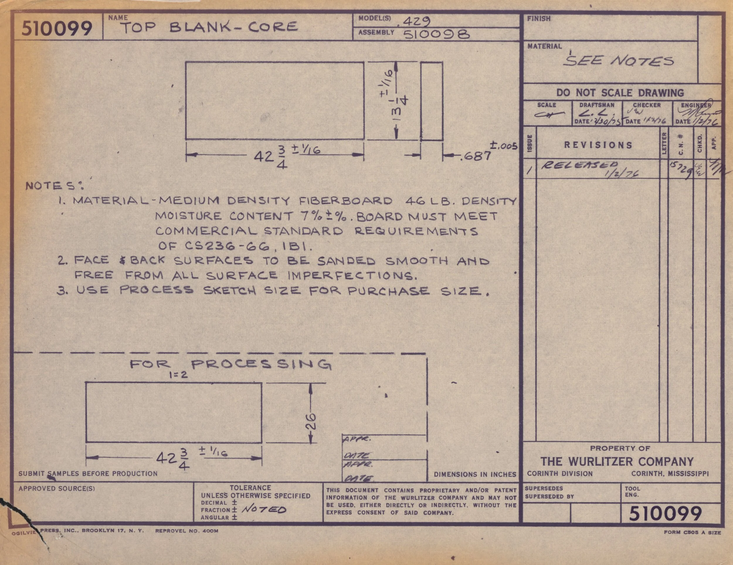 Blueprint for a top blank core with detailed measurements, notes, and approval signatures from The Wurlitzer Company.