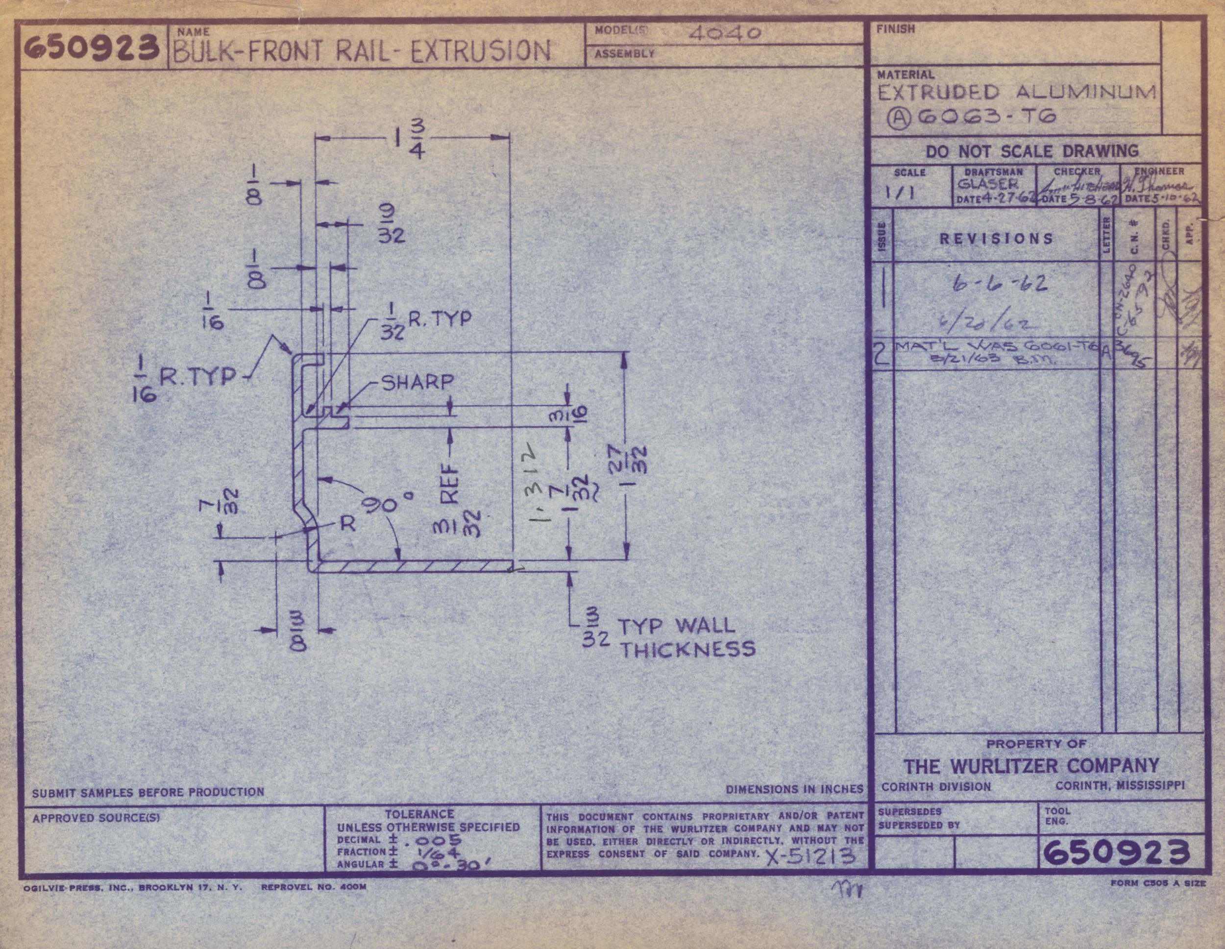 Technical blueprint drawing of a metal part labeled as 'Bulk-Front Rail-Extrusion' with detailed measurements and annotations.