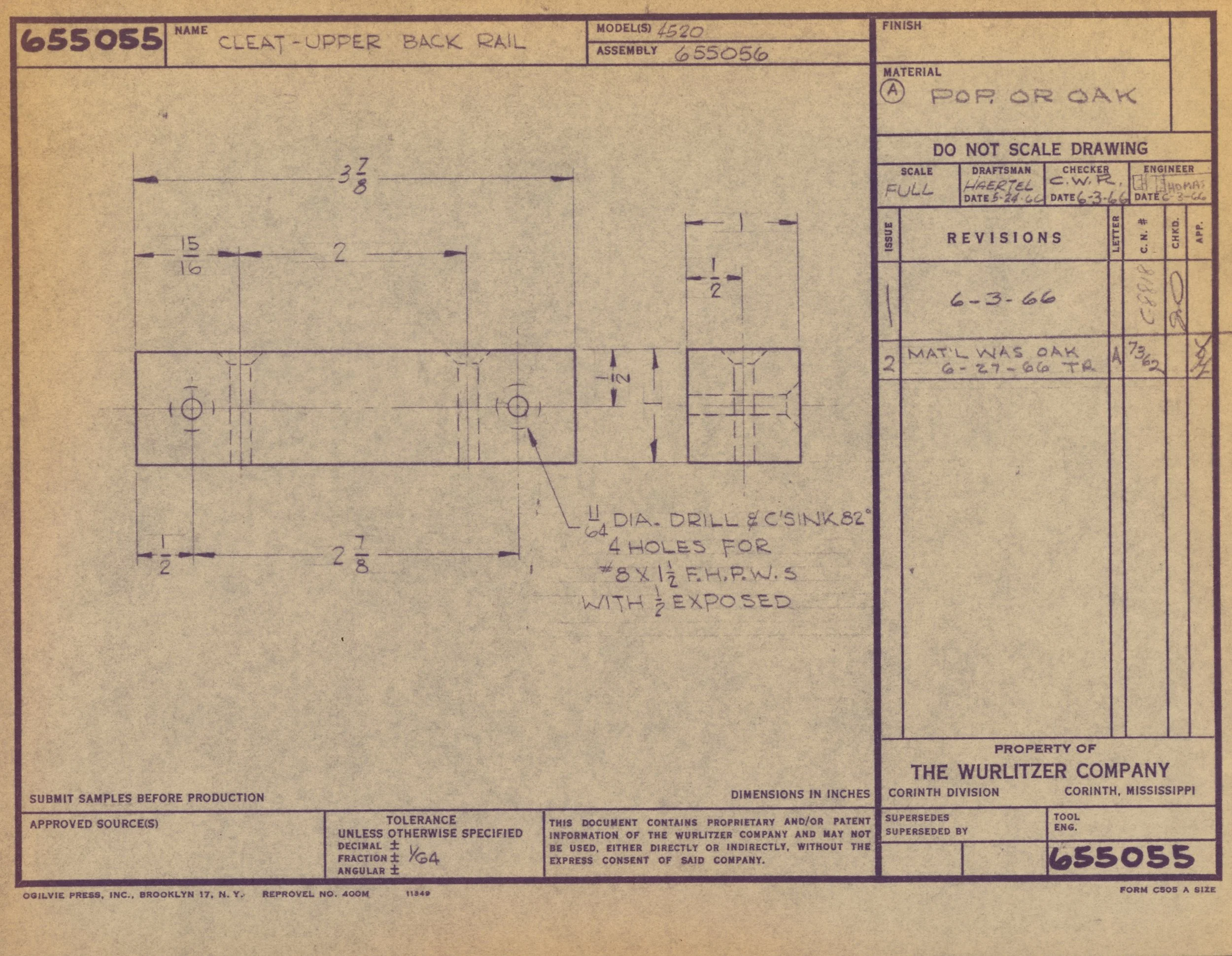 Technical engineering drawing of a cleat-upper back rail, including dimensions and specifications, created by The Wurlitzer Company in Corinth, Mississippi.