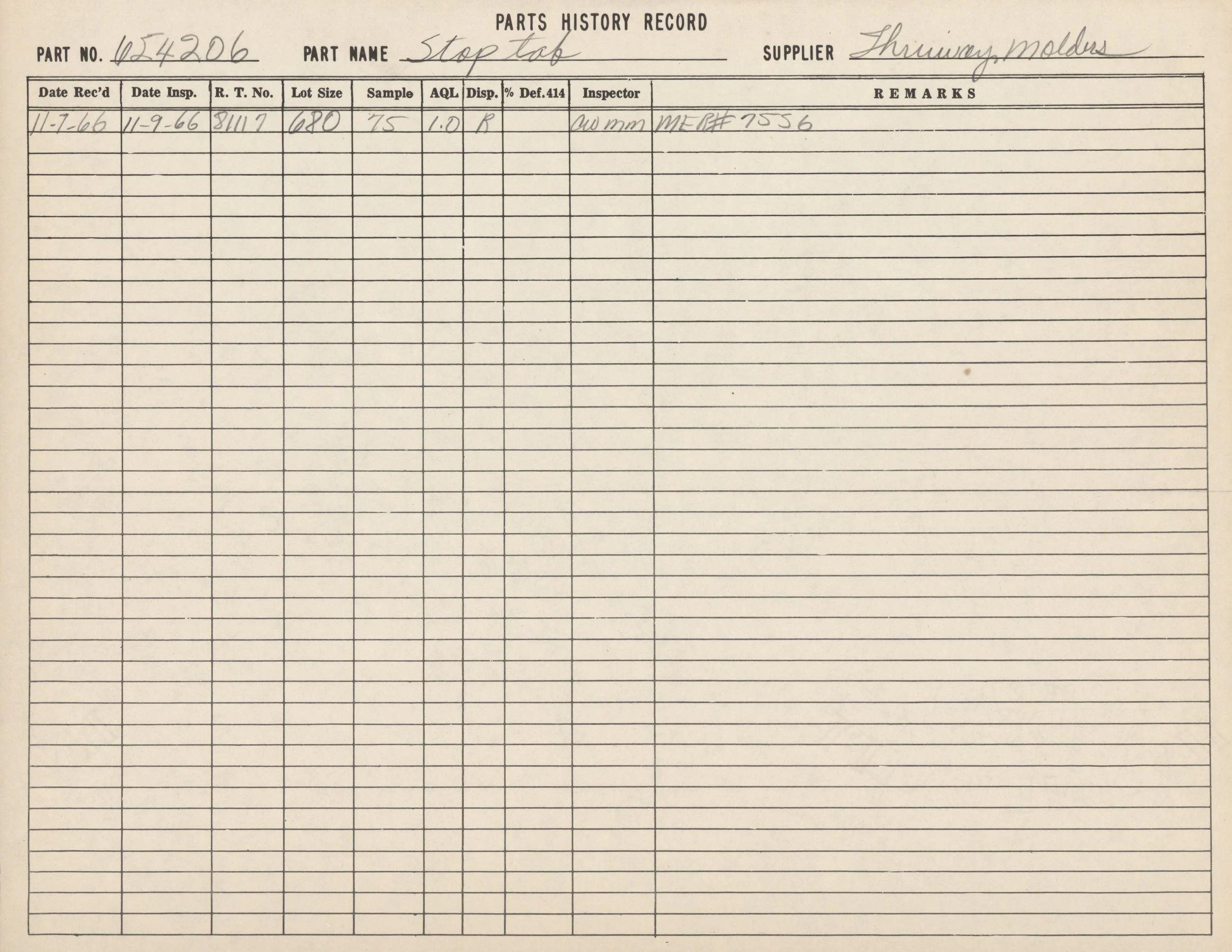 A parts history record sheet with handwritten information about a part labeled "Stop tab," including part number, supplier, inspection date, and remarks.