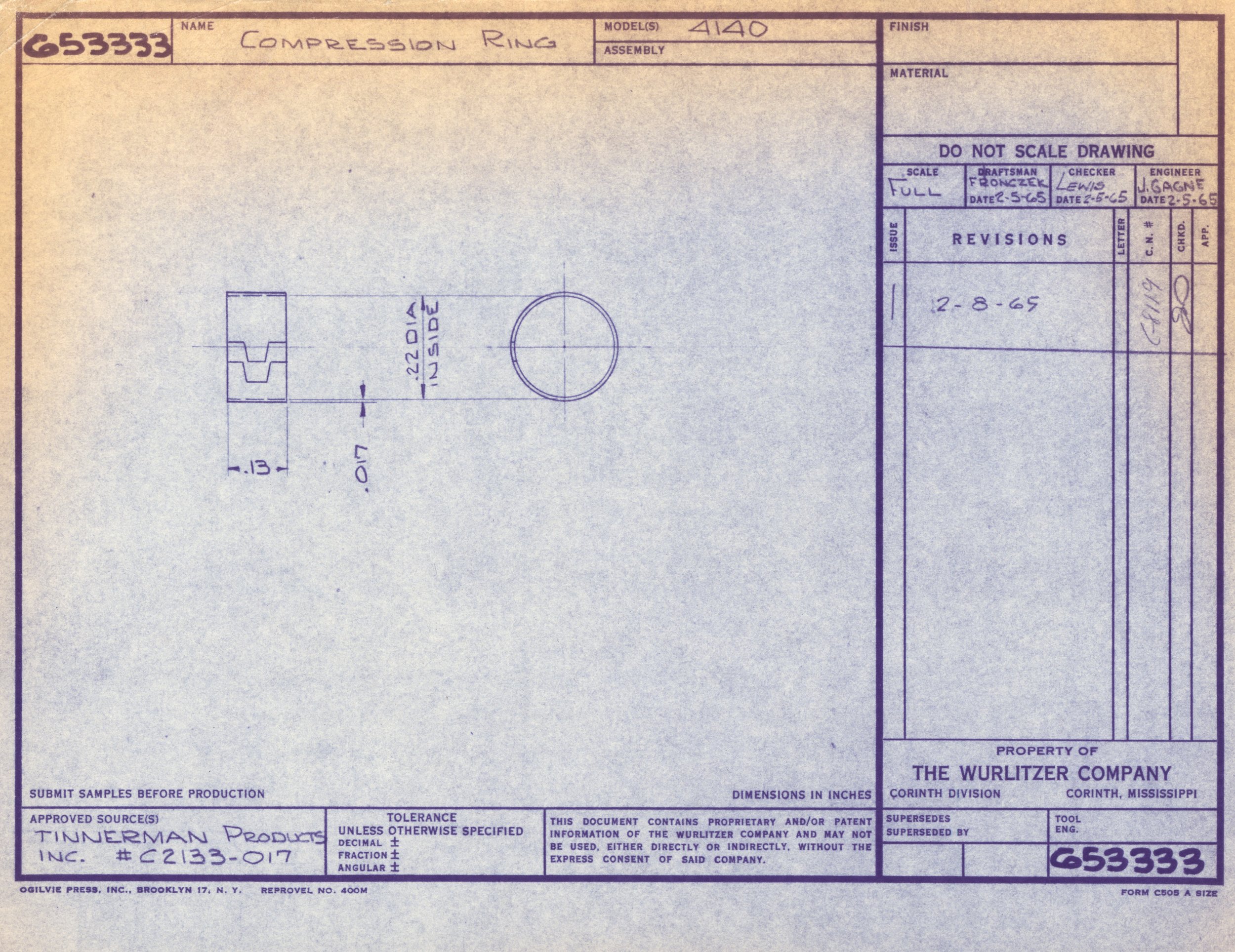 Technical drawing of a compression ring with dimensions and labels, including sample submission and approval details from Tinnerman Products.