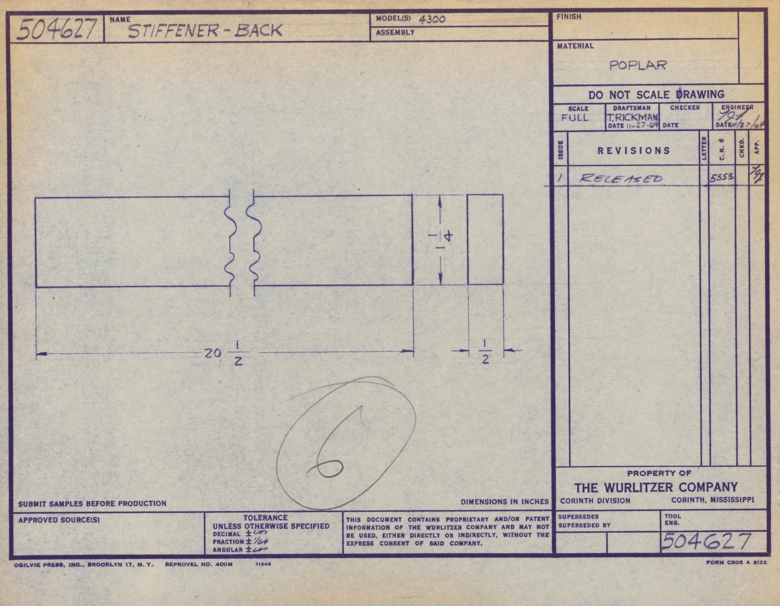 Technical drawing blueprint of a back stiffener part with detailed measurements and annotations, created by The Wurlitzer Company, property of Corinth Division, from Brooklyn, New York.
