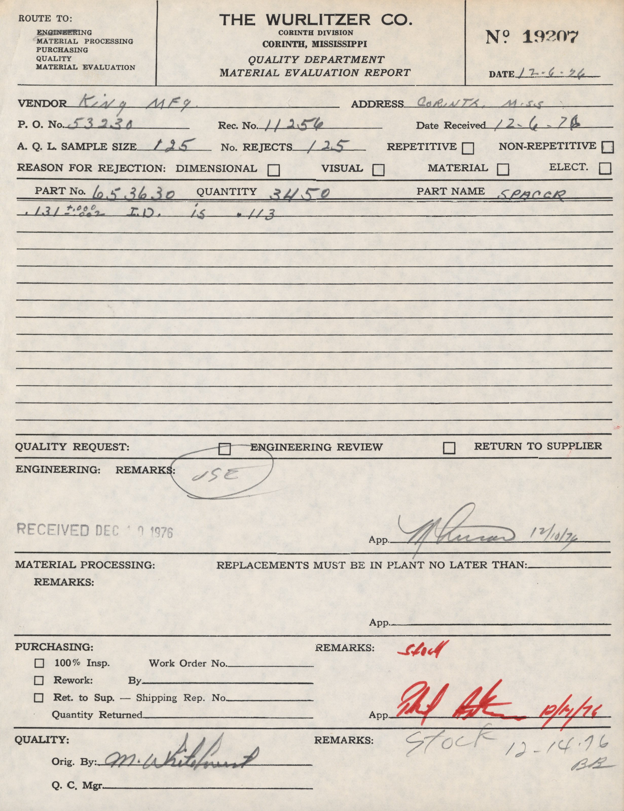 A historical form or report from The Wurlitzer Co. dated 12-6-76, related to material evaluation, with handwritten notes, stamps, signatures, and some annotations about parts, quantities, remarks, and stock comments.