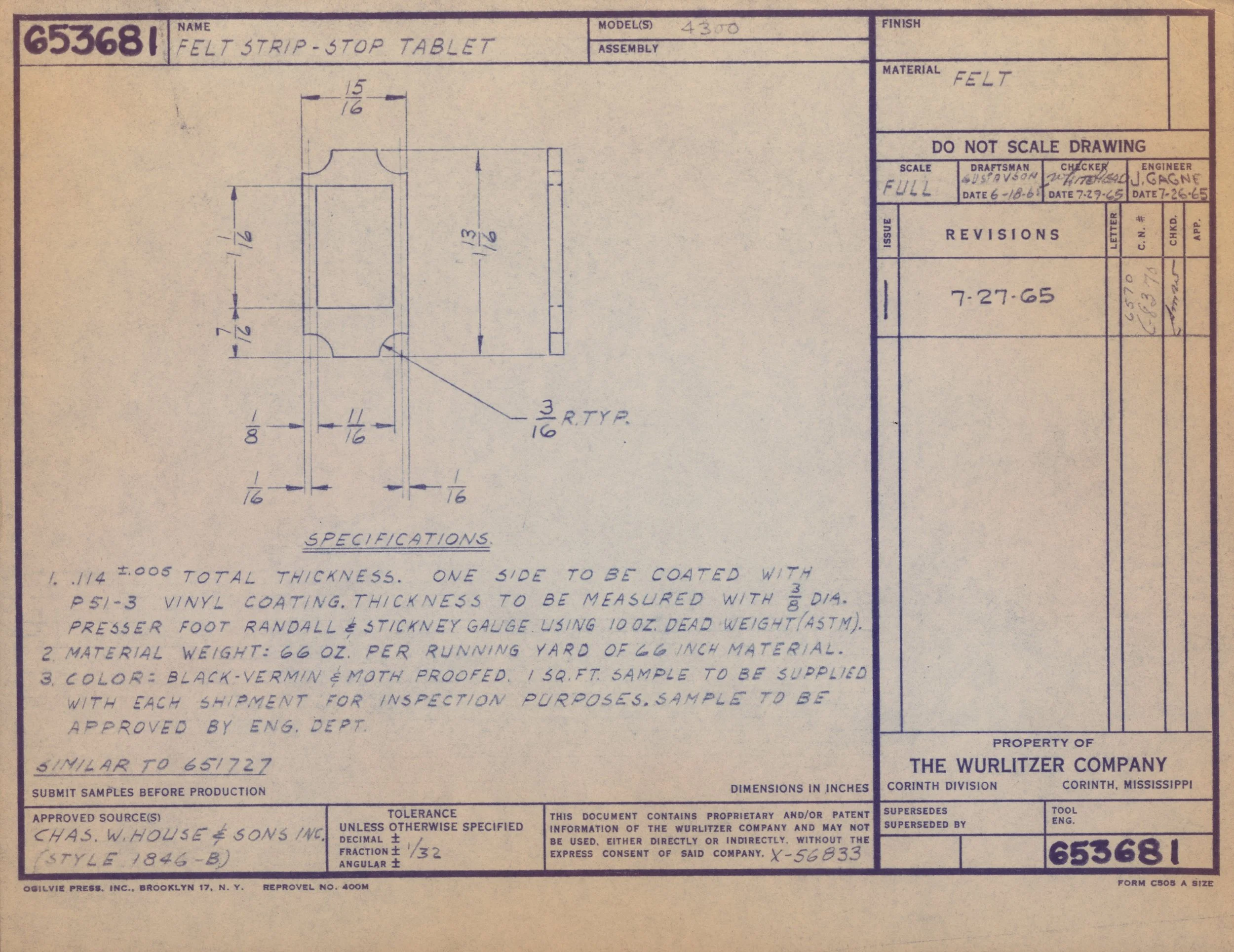 Blueprint drawing of a felt strip-stop tablet with detailed measurements and specifications, including dimensions, materials, and assembly instructions.