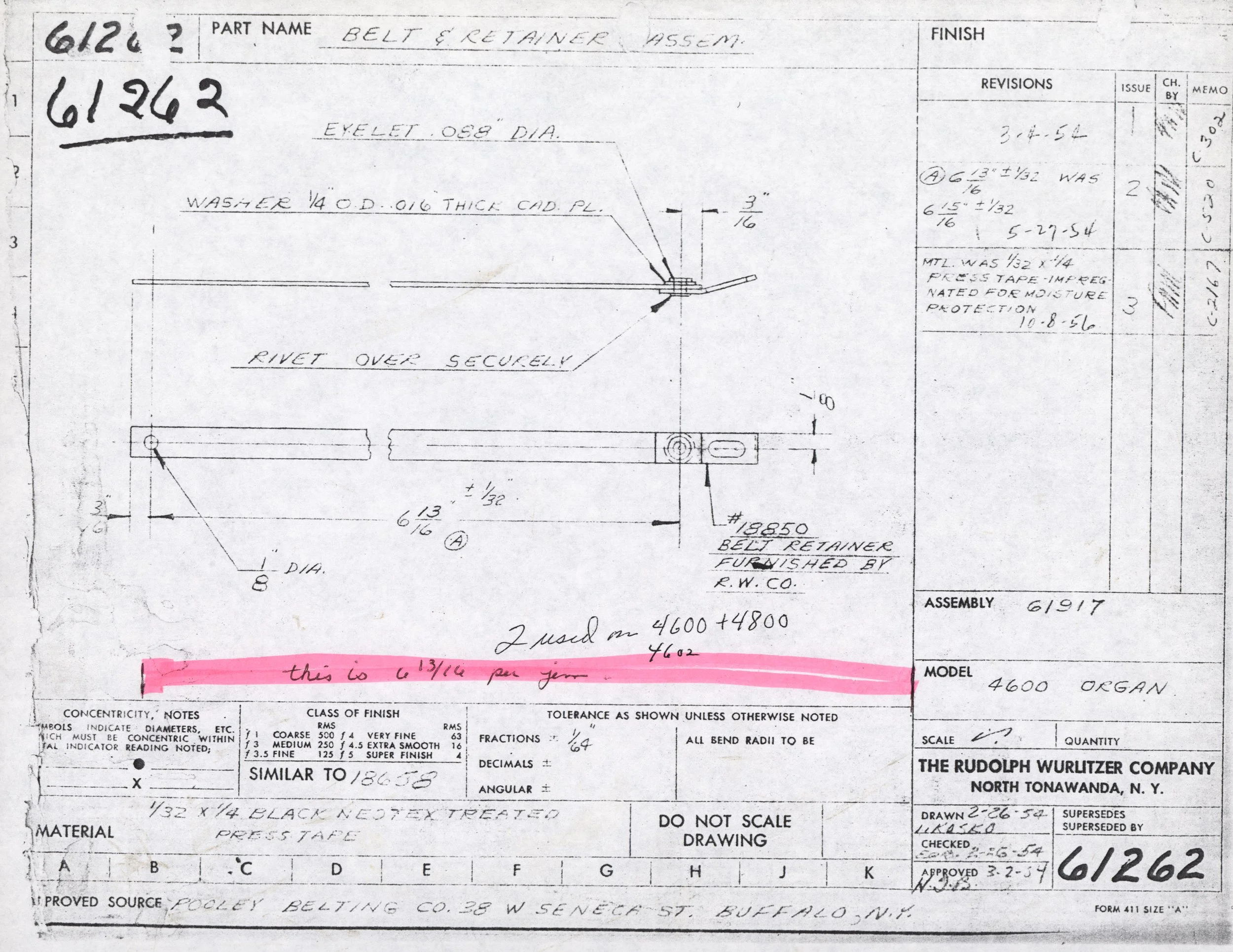 Black and white technical drawing of a belt and retainer assembly, with handwritten notes indicating dimensions, materials, and specifications, dated February 26, 1954, from The Rudolph Wurlitzer Company in North Tonawanda, N.Y.