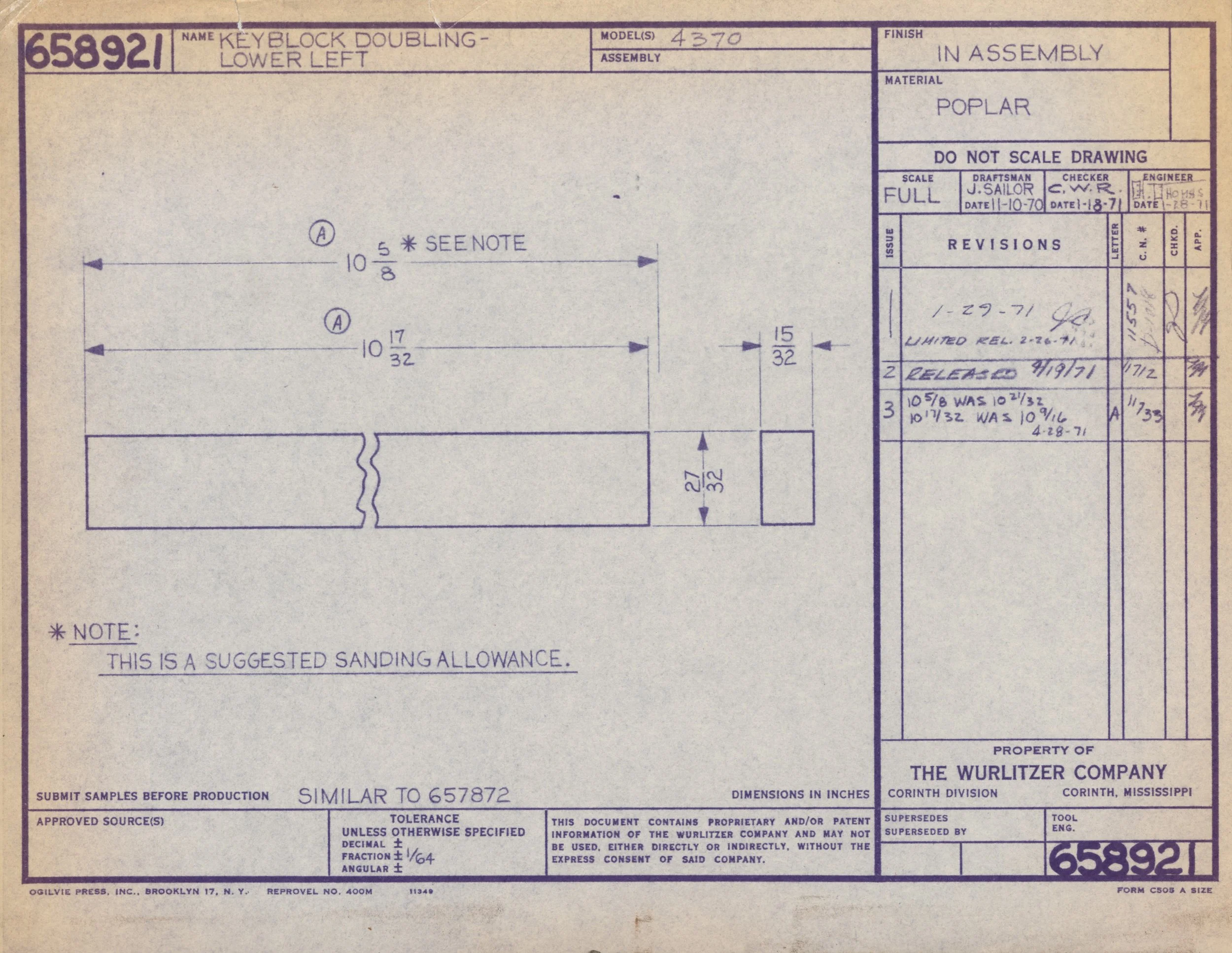 Blueprint or technical drawing for a keyblock doubling lower left, including measurements, notes, and approval stamps, with detailed annotations and specifications by Wurlitzer Company.