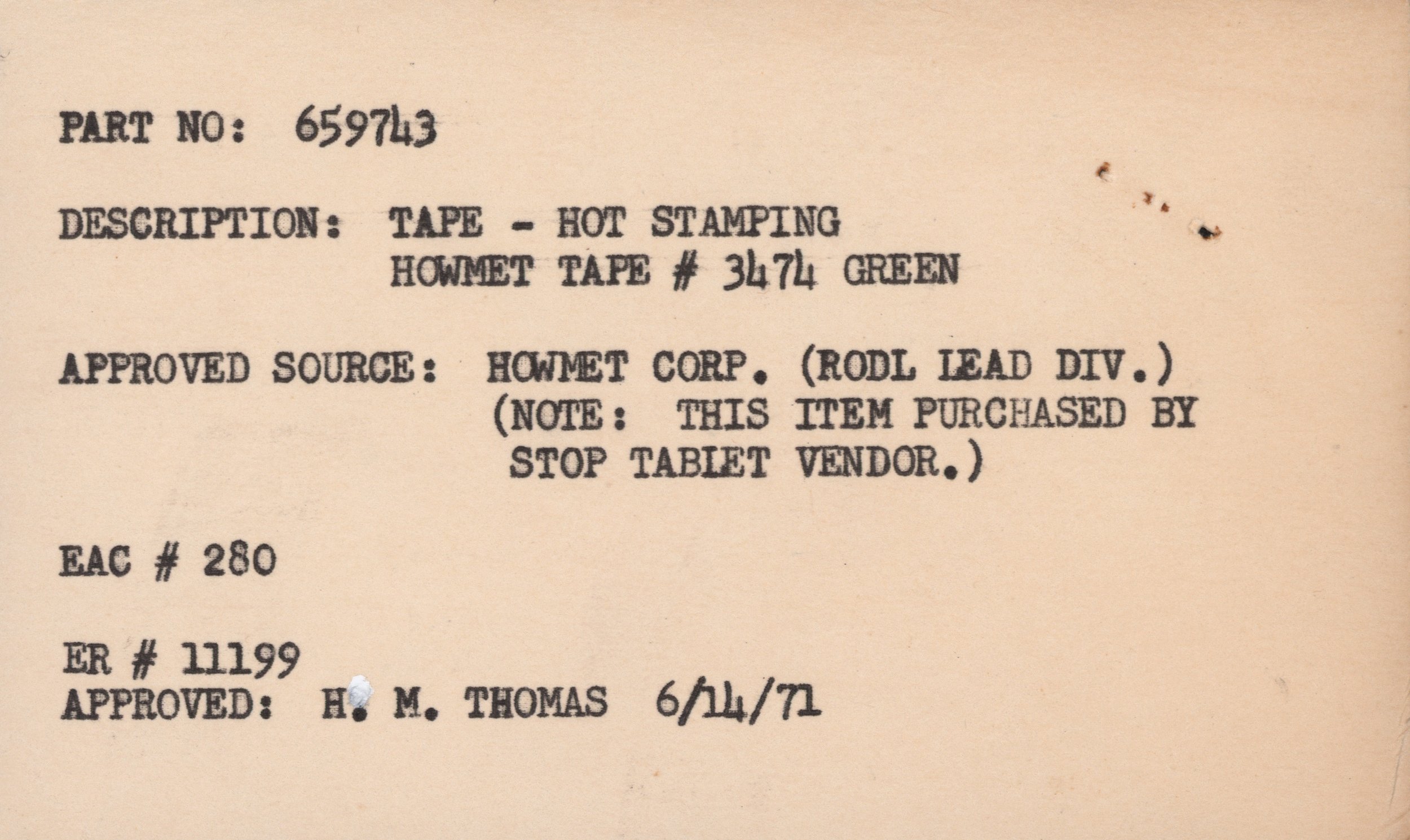Close-up of a document page showing part number 659743 for green heat-stamping tape from Hommet Tape, with information about the approved source and other product details.