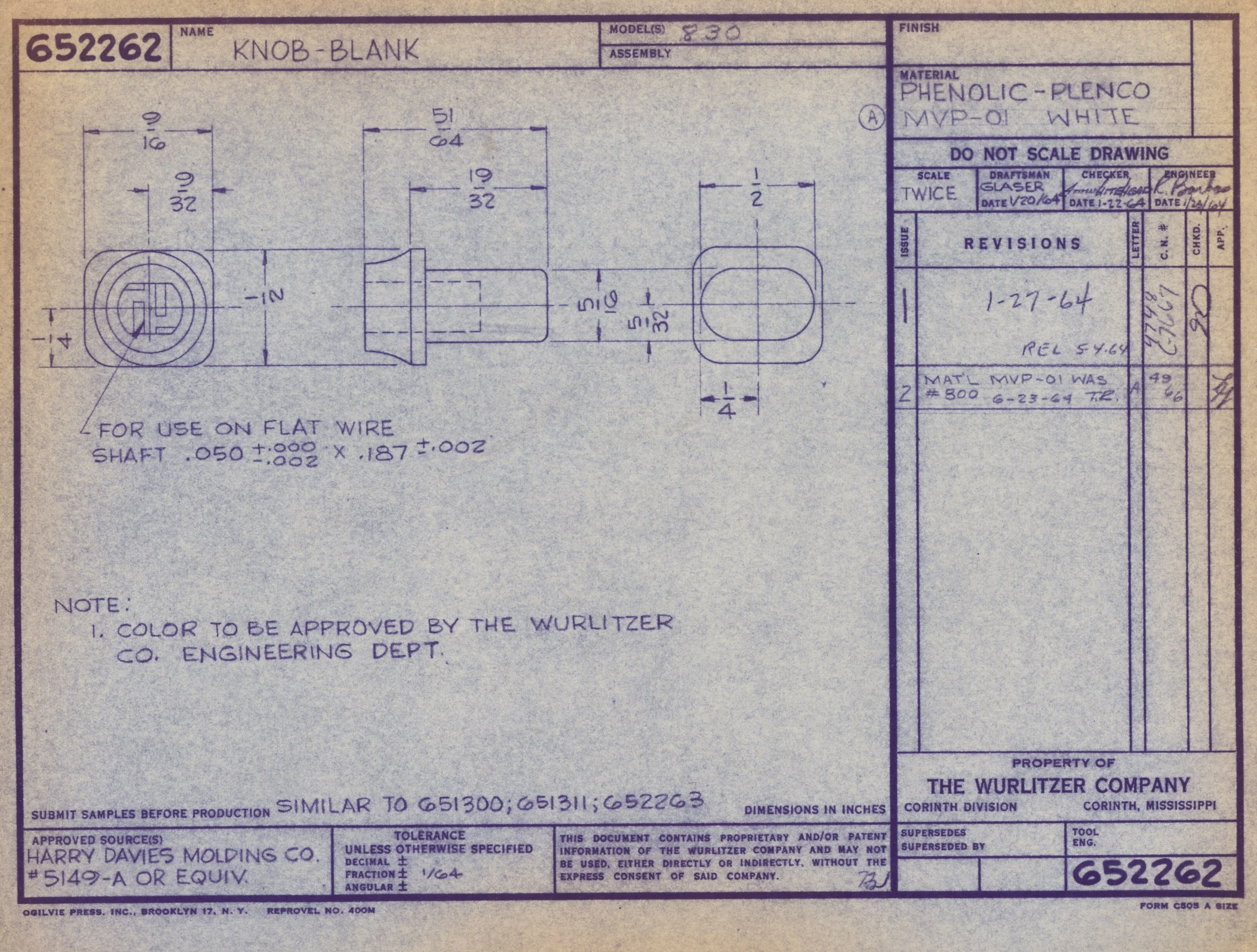 Technical drawing of a knob blank with measurements and specifications, including notes for use on flat wire shafts and approval details.