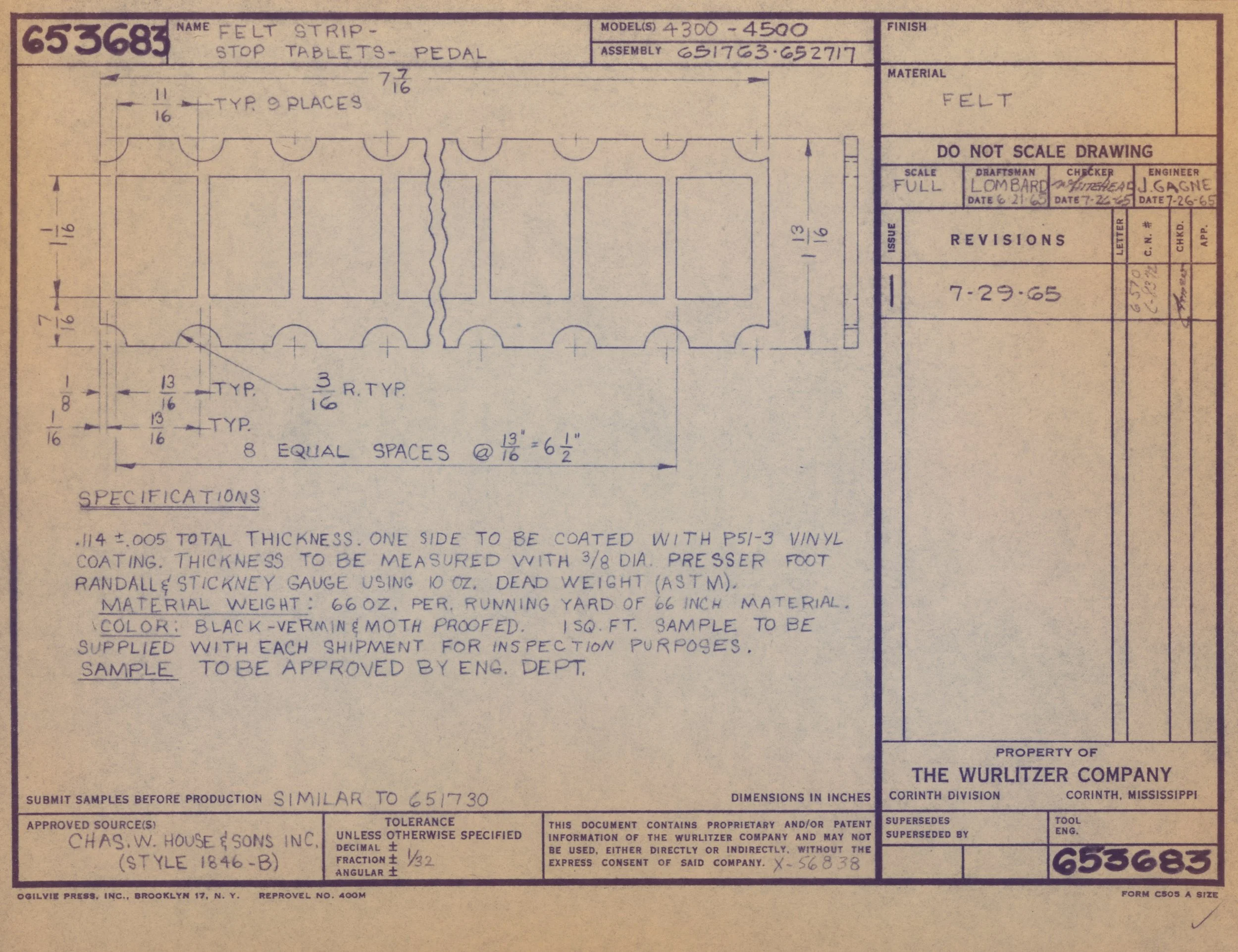 Technical blueprint drawing of felt stop tablet pedal, showing detailed measurements and specifications, created by The Wurlitzer Company, dated July 29, 1965.