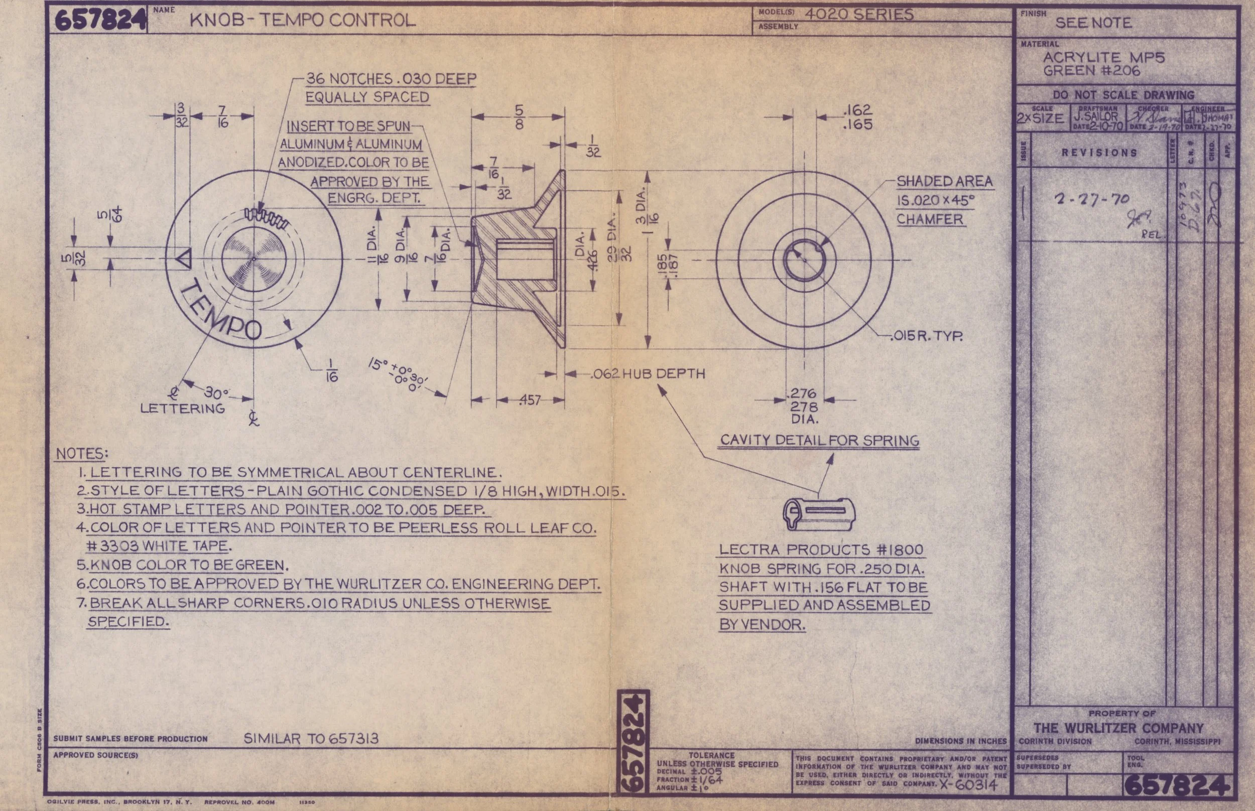 Detailed technical drawing of a knob labeled 'Knob - Tempo Control' with dimensions, annotations, and labels for manufacturing, including the use of acrylic, aluminum, and specific styling instructions.