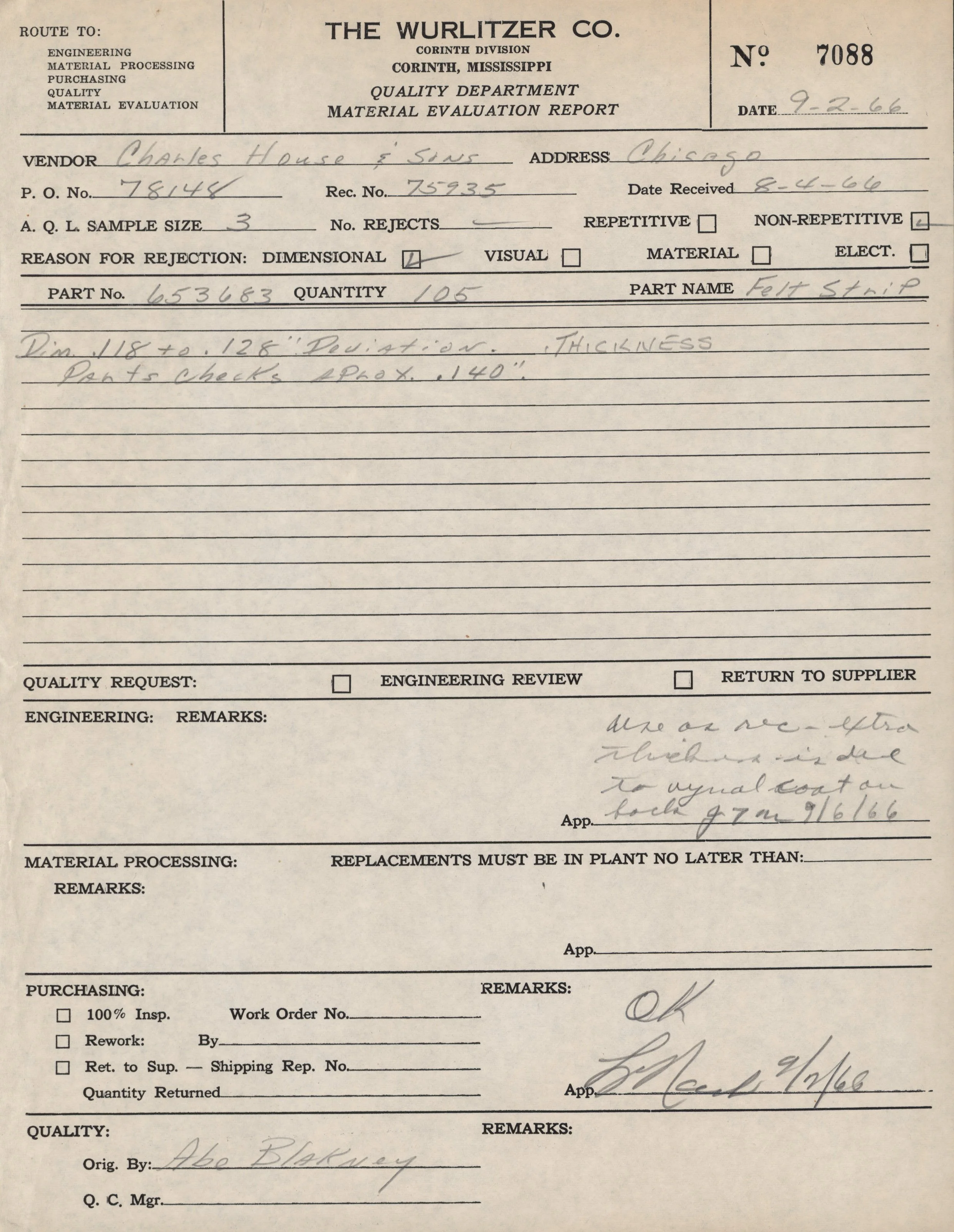 A document titled 'Material Evaluation Report' from The Wurlitzer Co. dated 9-2-66. It contains vendor information, part number, quantity, part name 'Felt Strip,' and handwritten notes about dimensions and application. The document includes handwritt