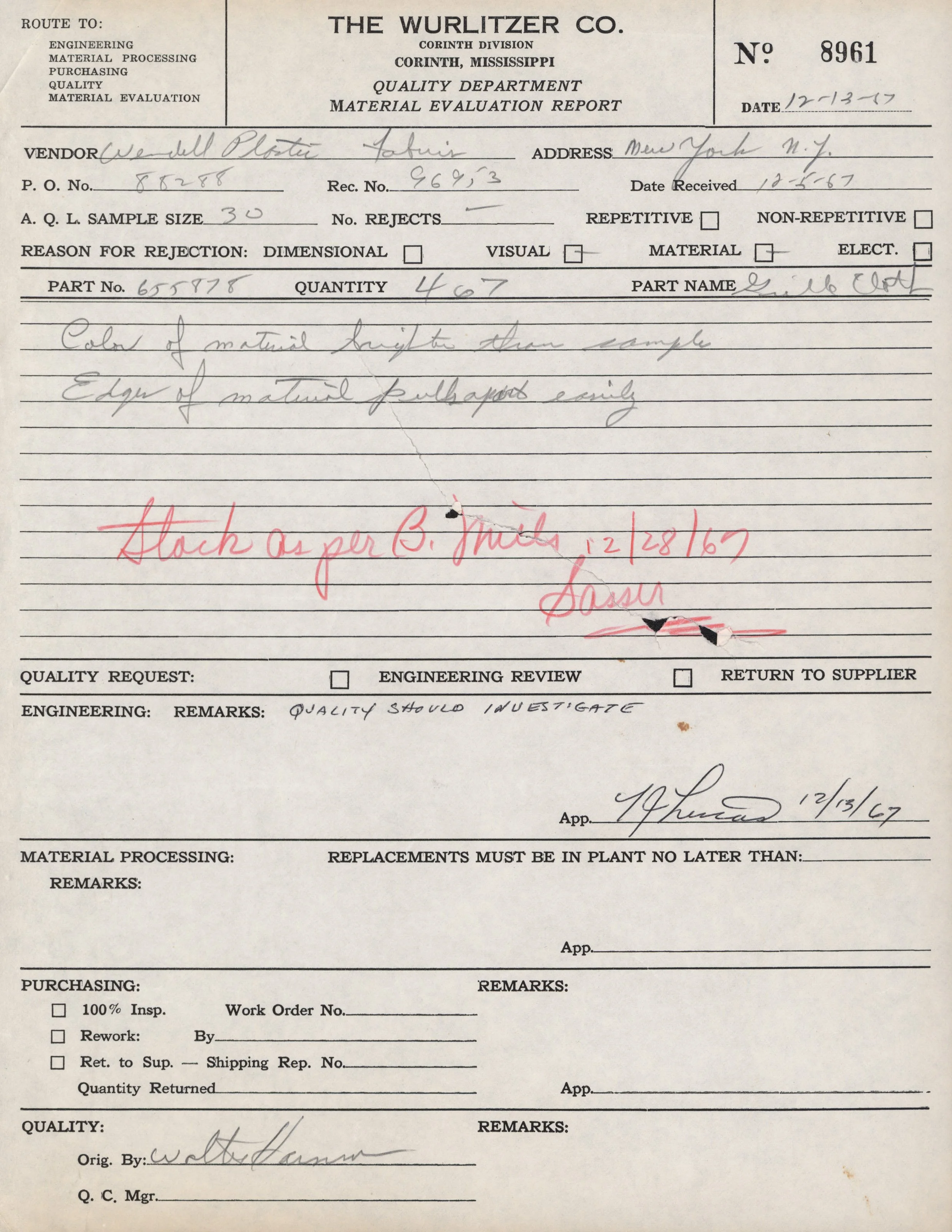 A vintage quality evaluation report form from The Wurlitzer Company, Corinth Division, dated December 13, 1967. The form includes handwritten information about a sample of material, rejection reasons, and remarks, with a section in red ink noting "Ha