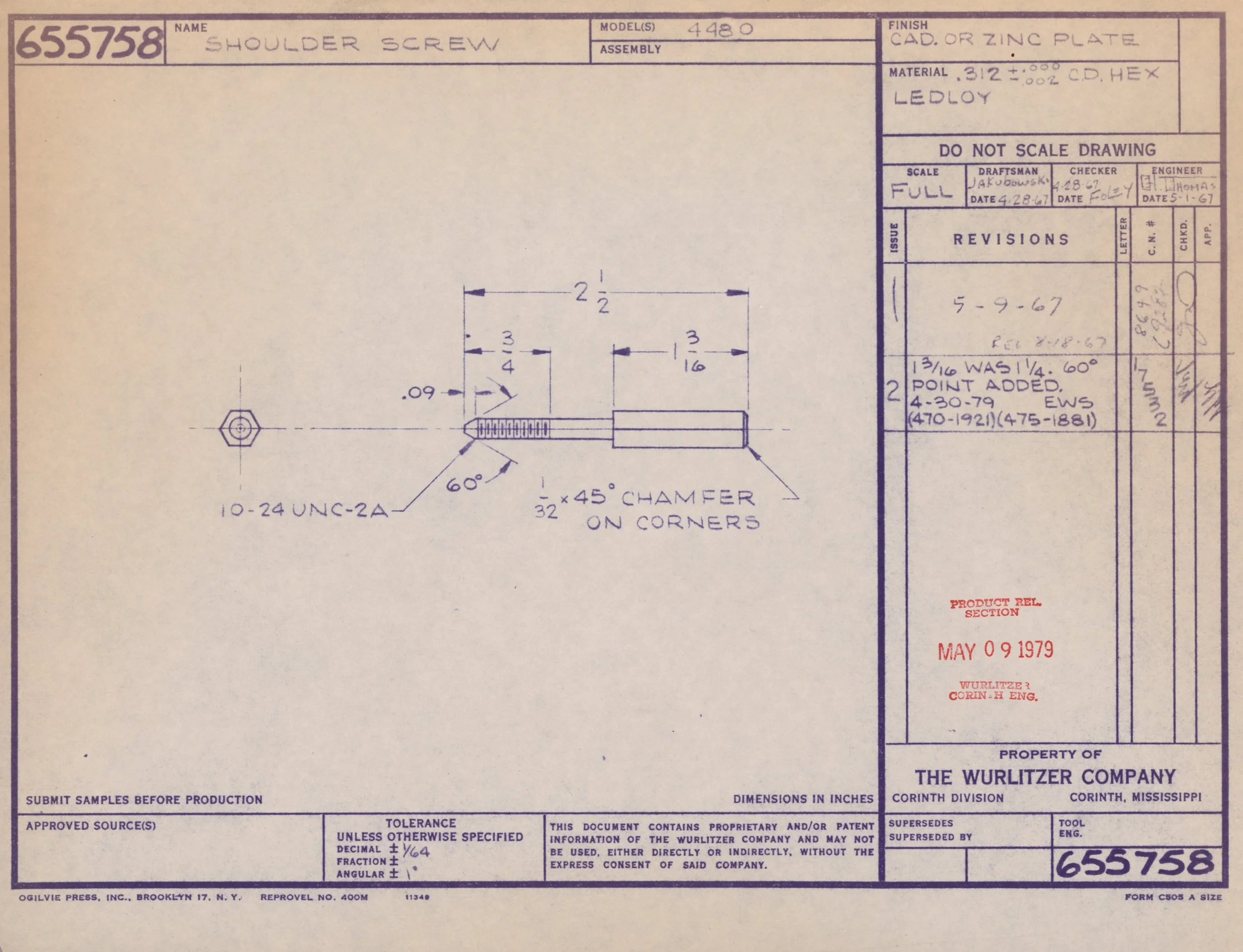 Blueprint drawing of a shoulder screw with detailed dimensions, angles, and specifications, including notes on materials and manufacturing details.