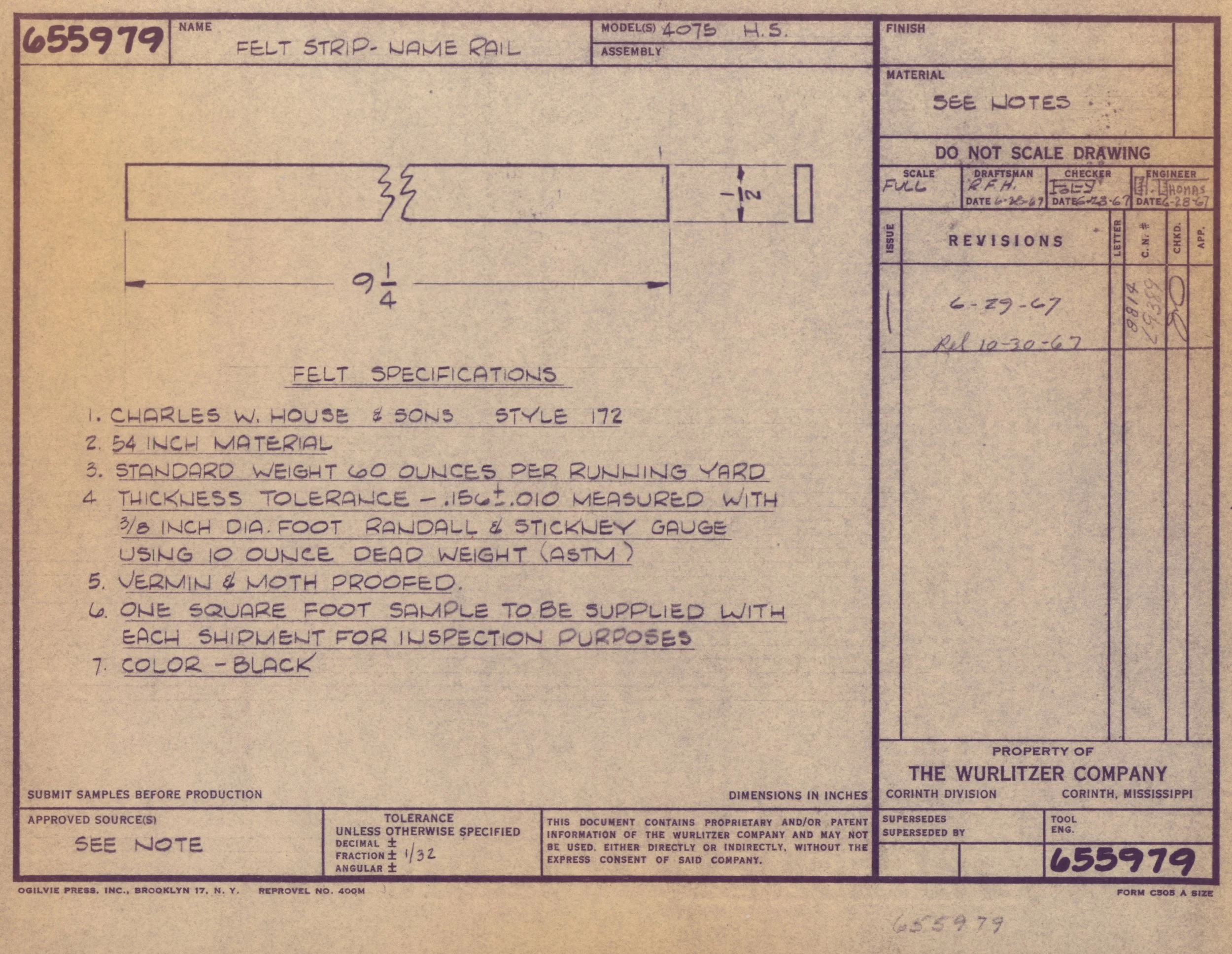 Blueprint drawing for a felt strip name rail measuring 9 1/4 inches in length, with felt specifications, material instructions, and revision details.
