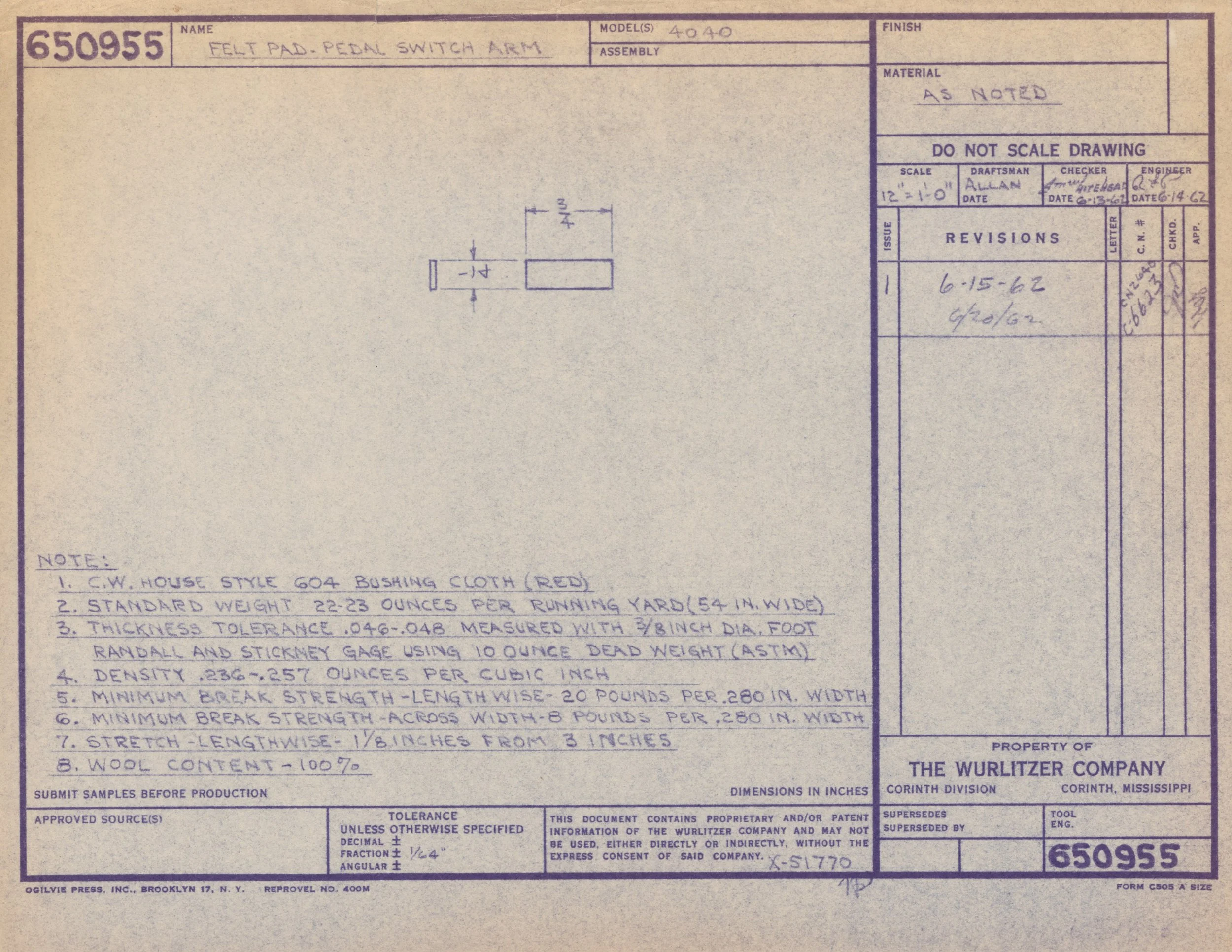 Blueprint or technical drawing of an adjustable felt pad pedal switch arm, including detailed measurements and specifications for material, weight, and dimensions.