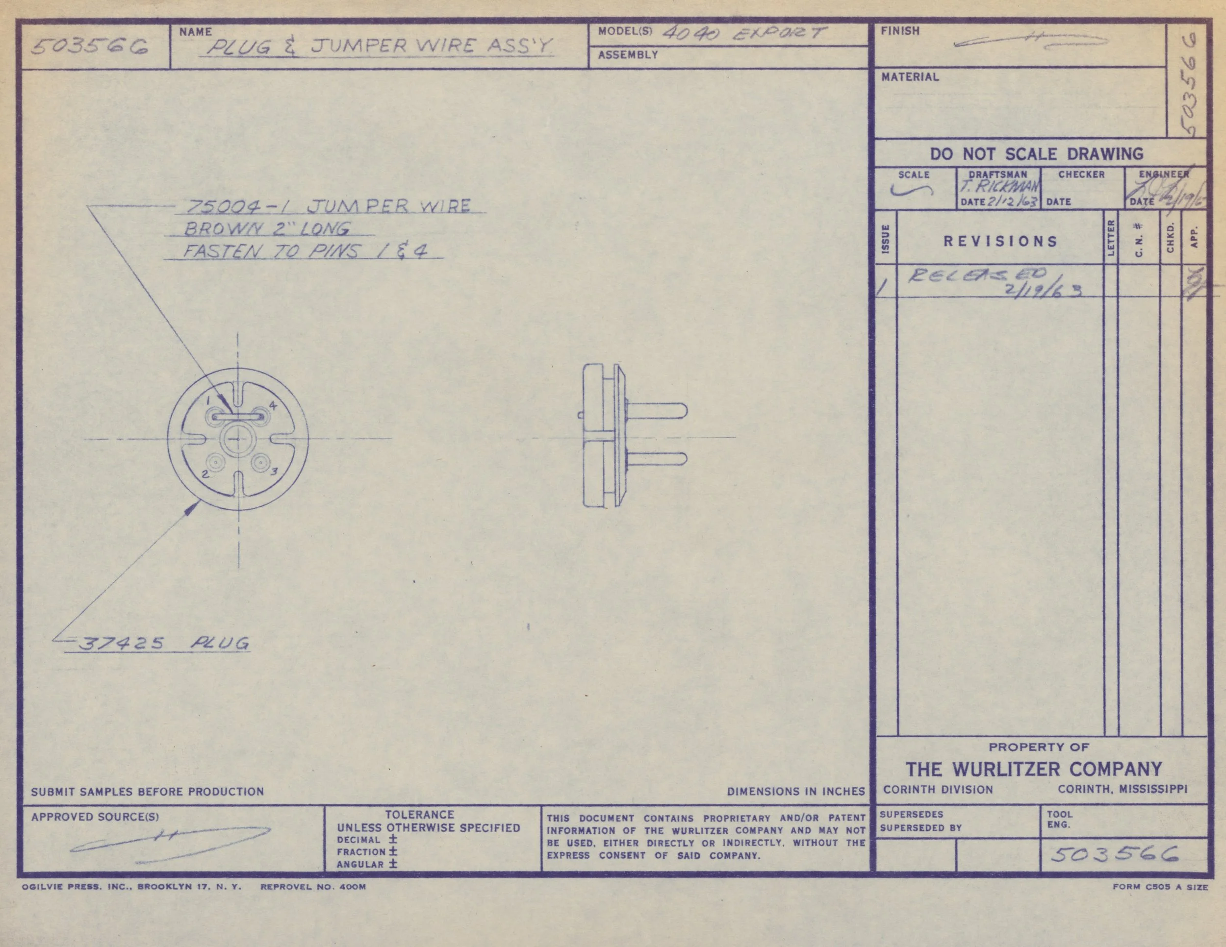 Technical blueprint or engineering drawing for a plug and jumper wire assembly by The Wurlitzer Company, detailed with measurements, part numbers, and revision notes.