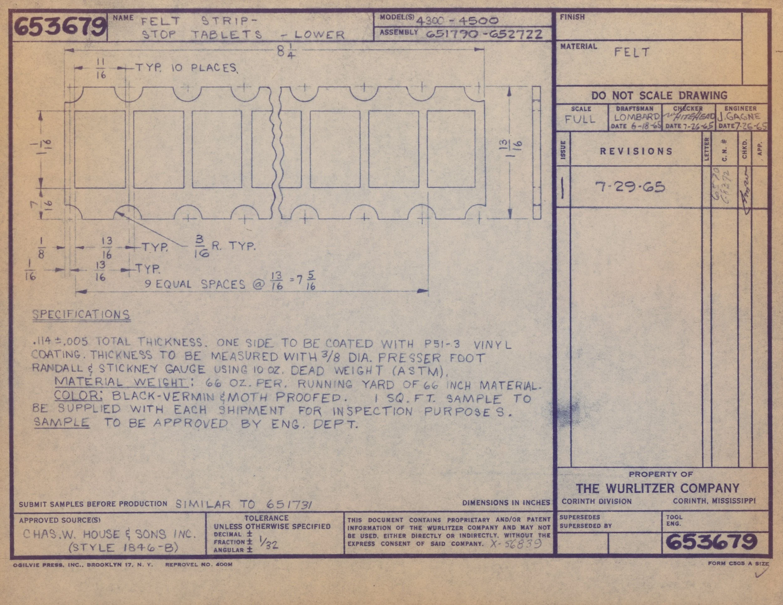 Blueprint drawing for felt stop tablets lower with dimensions and specifications, created by The Wurlitzer Company, dated July 29, 1965.