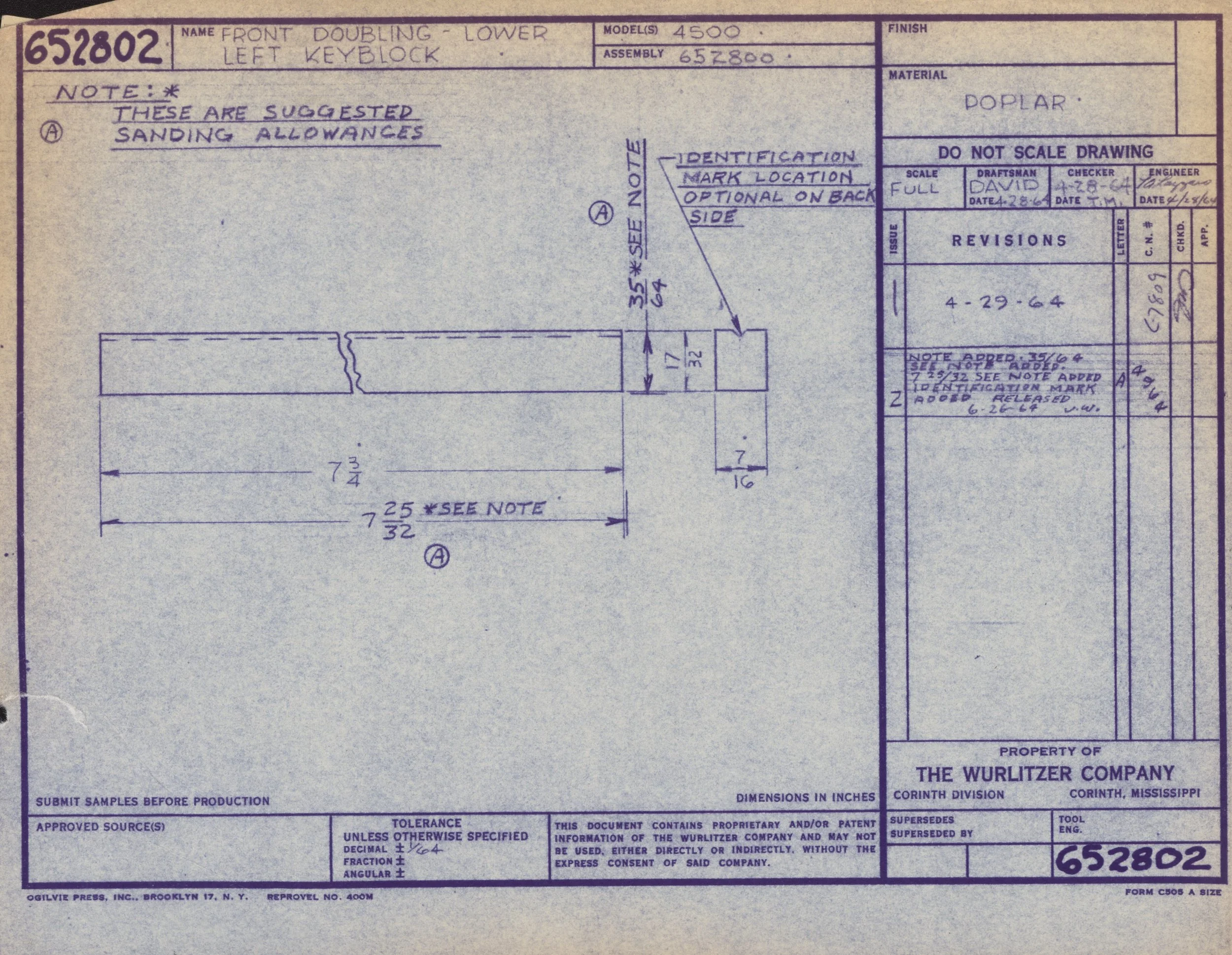 Technical drawing of a piece labeled 'Front Doubling - Lower Left Keyblock' with dimensions and notes, produced by The Wurlitzer Company.