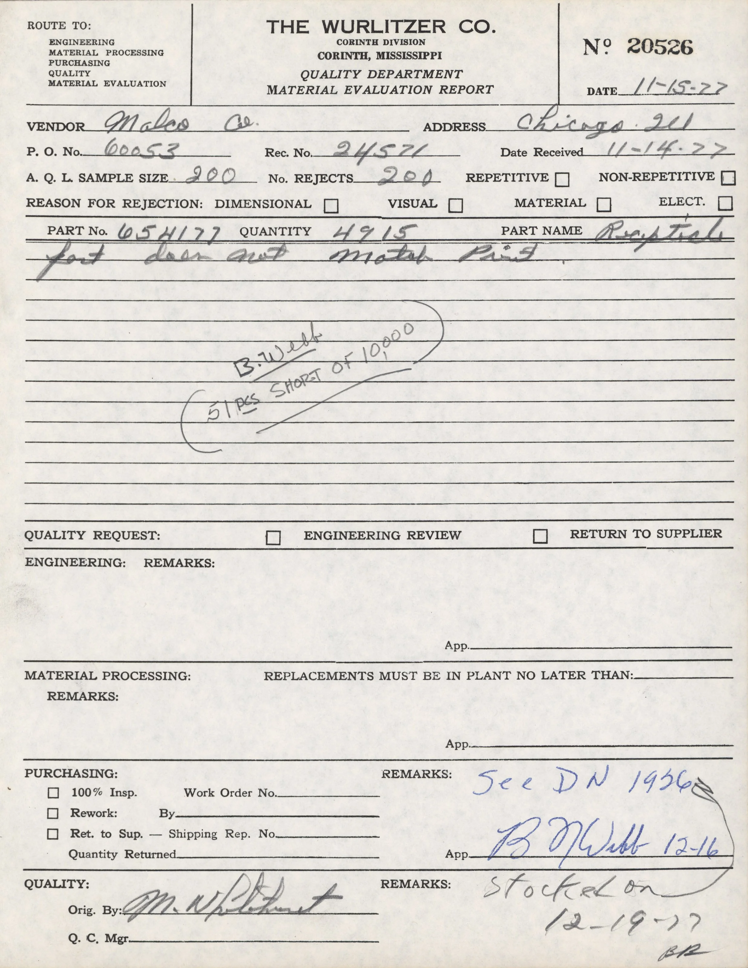 Historical document titled 'Material Evaluation Report' from The Wurlitzer Co., dated November 15, 1927, for Malco Co. Chicago, Illinois. Contains handwritten notes about part number 654172, with a note to "See DN 1934" and another referencing stock 