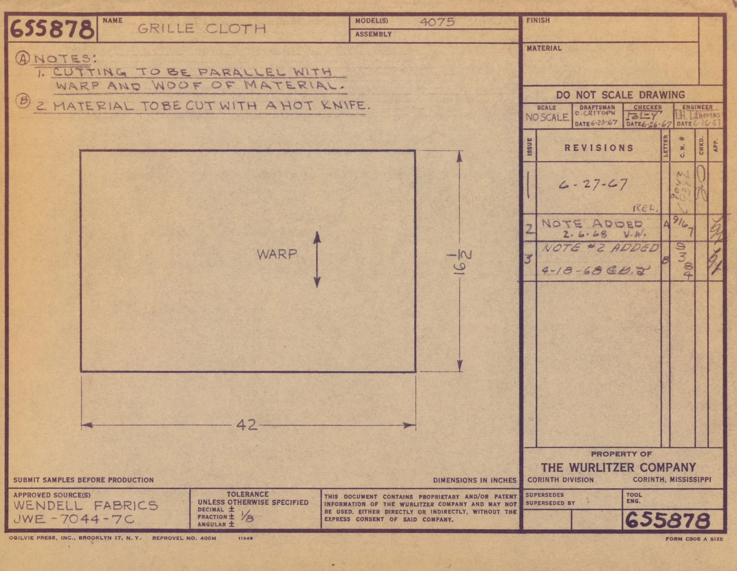 Blueprint drawing for a piece of fabric labeled as 'grille cloth' with measurements and notes on the material and cutting instructions, property of The Wurlitzer Company.
