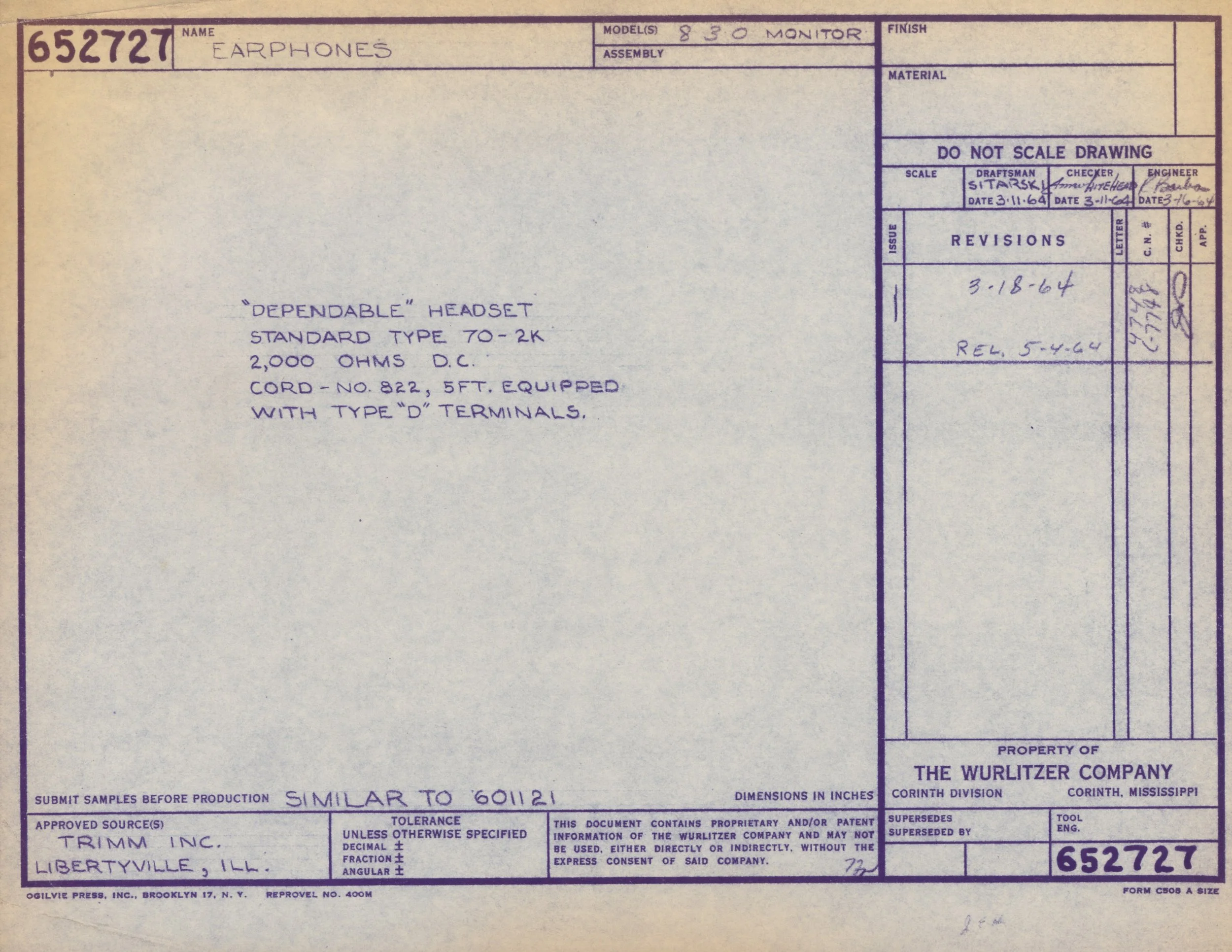 Technical drawing for headphone product, labeled as 'Dependable' Headset, with specifications about its impedance and wiring, and marked with various handwritten notes and specifications.