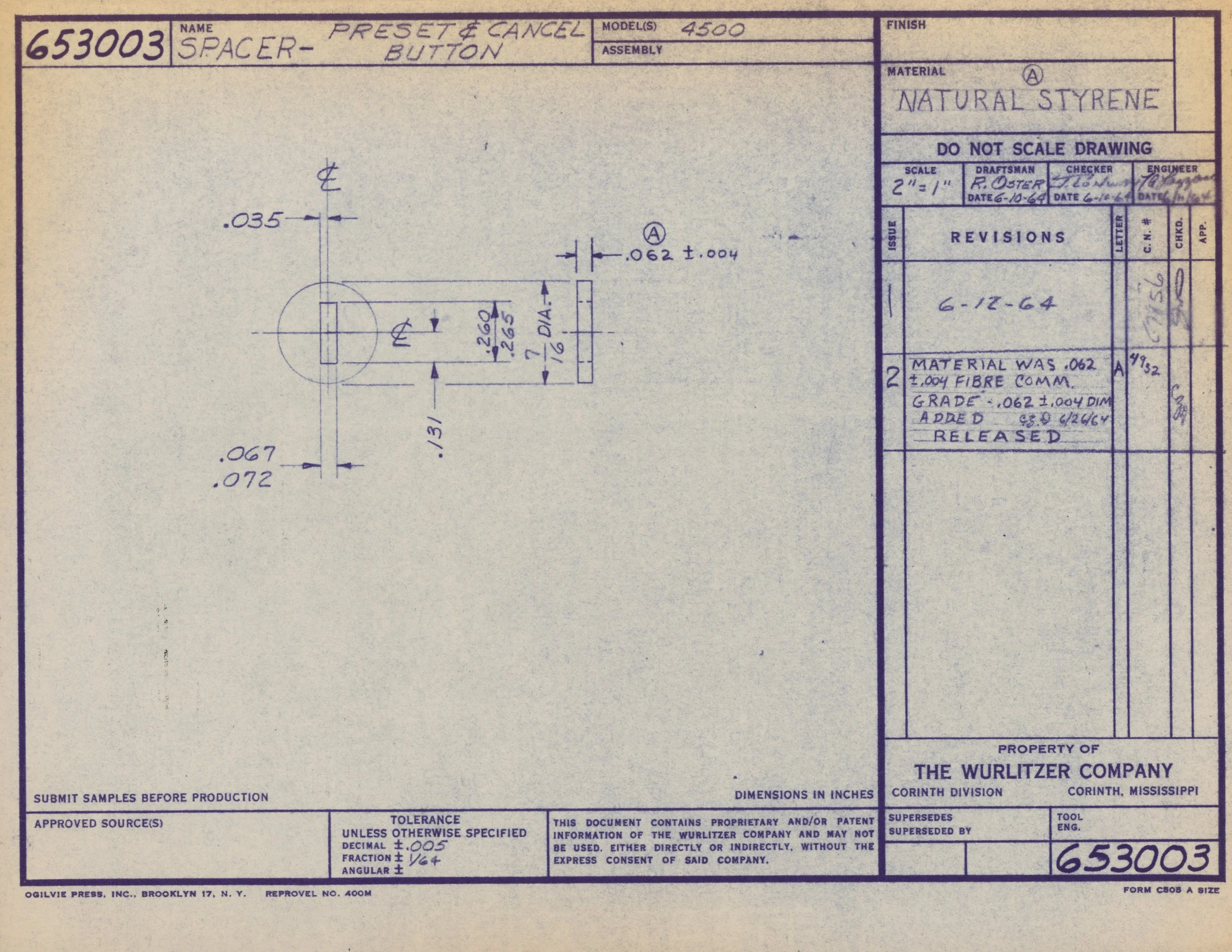 Technical drawing of a button spacer with dimensions and specifications, created by The Wurlitzer Company, dated June 10, 1964.