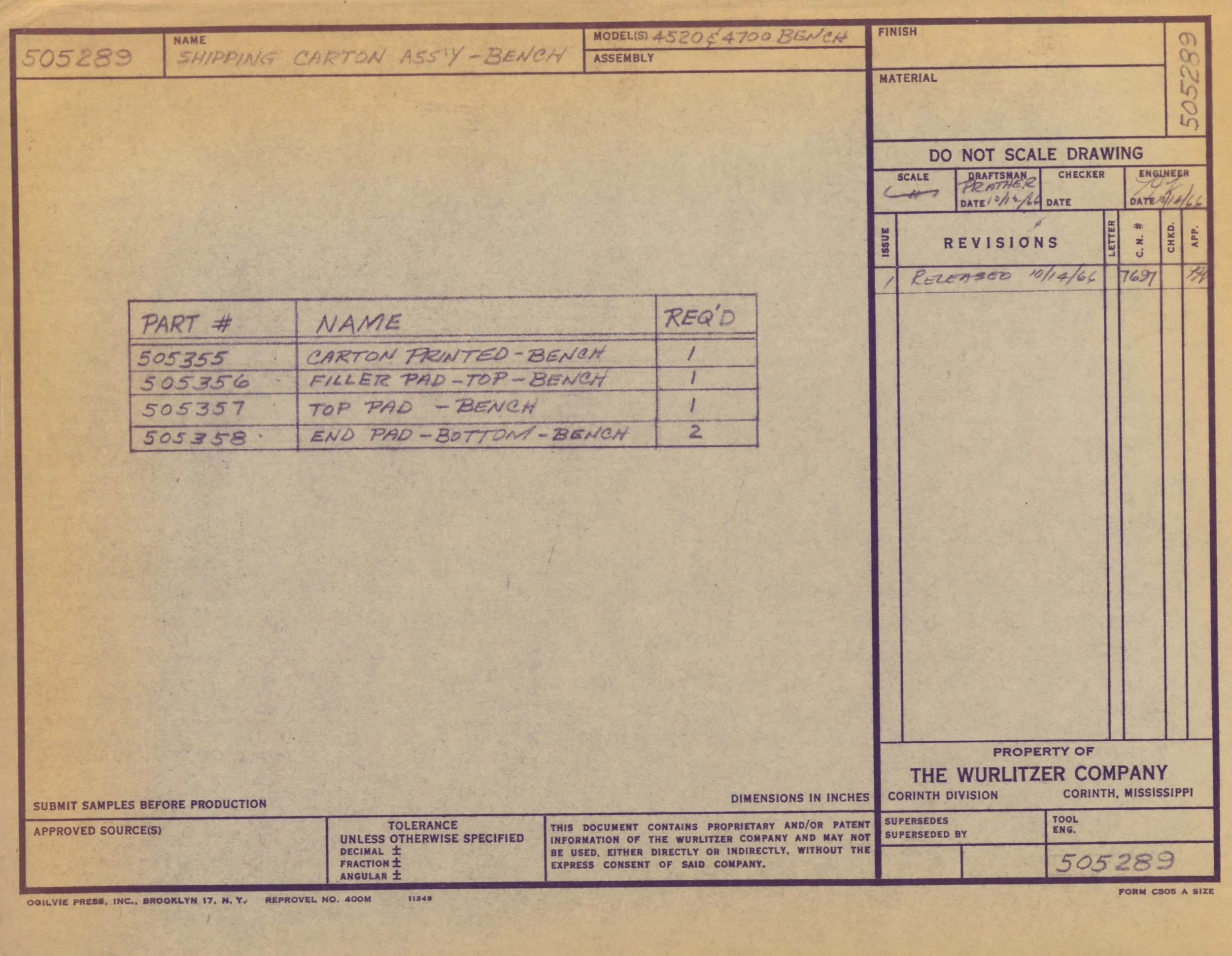 A technical drawing document for a shipping carton assembly bench, with parts and revisions listed, created by The Wurlitzer Company in Corinth, Mississippi.
