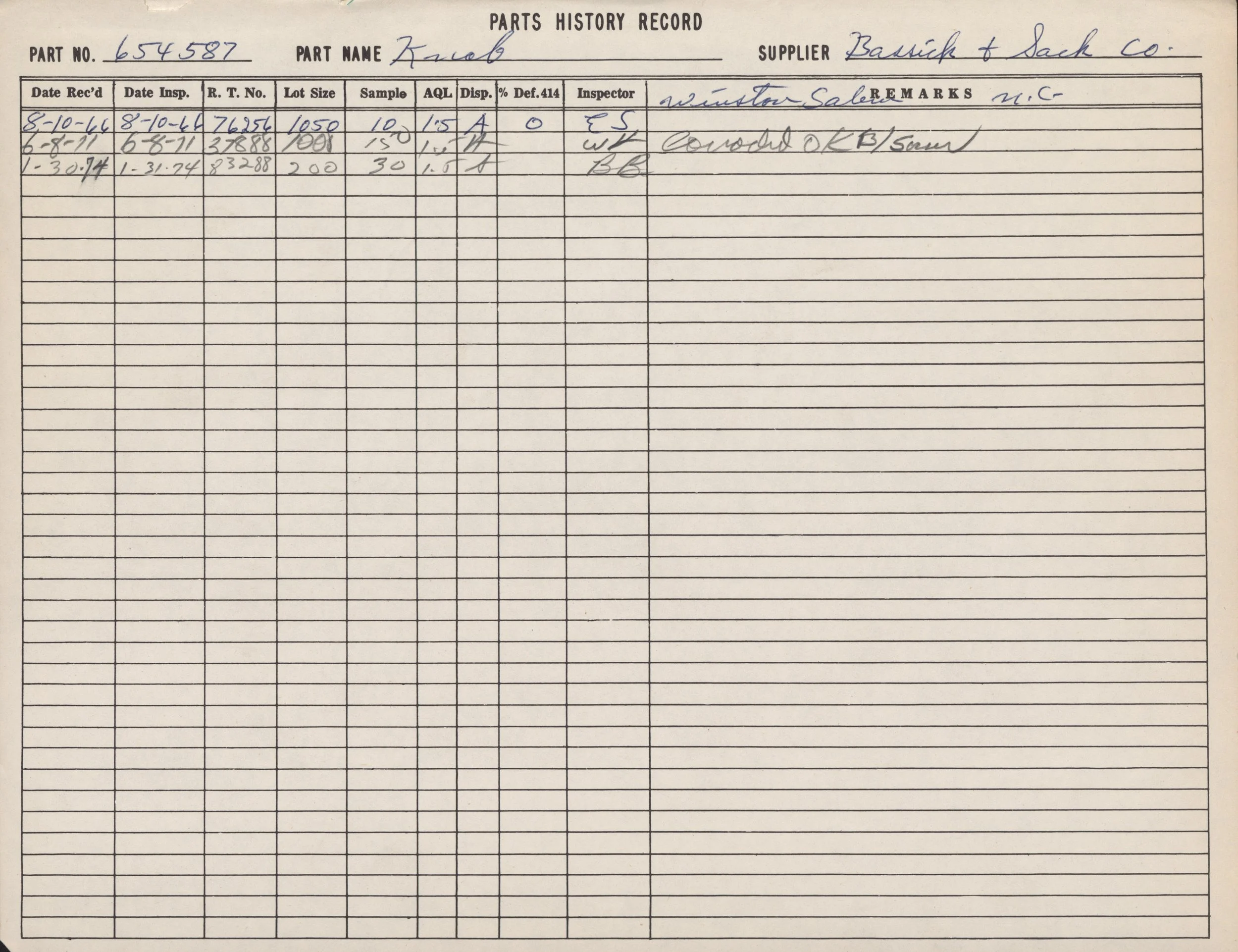 A handwritten parts history record sheet with columns for part number, part name, supplier, dates, lot size, sample, and inspection details. The writing includes dates and notes in blue and black ink.