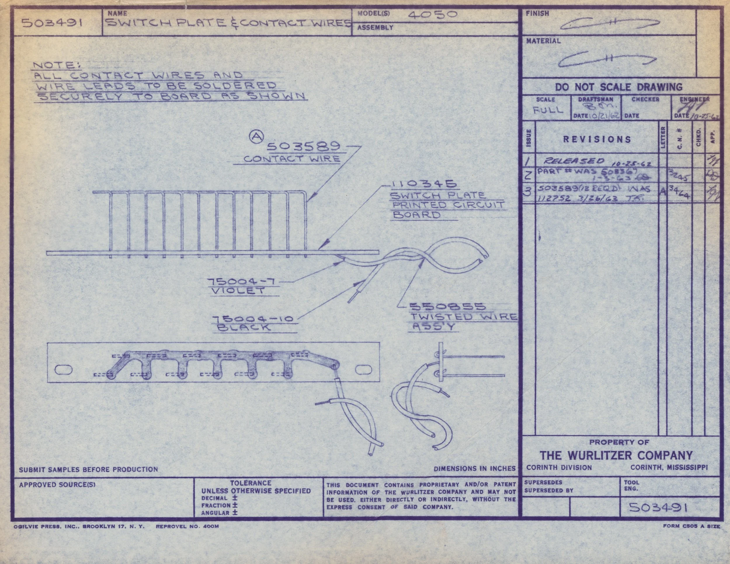 Technical blueprint or schematic diagram showing a switch plate with contact wires and detailed annotations, produced by The Wurlitzer Company.