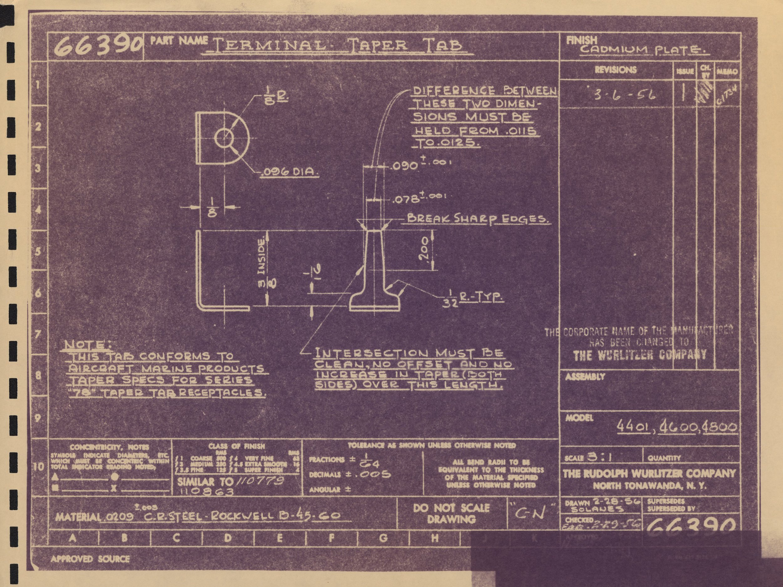 Blueprint drawing of a terminal taper tab with technical specifications and measurements.