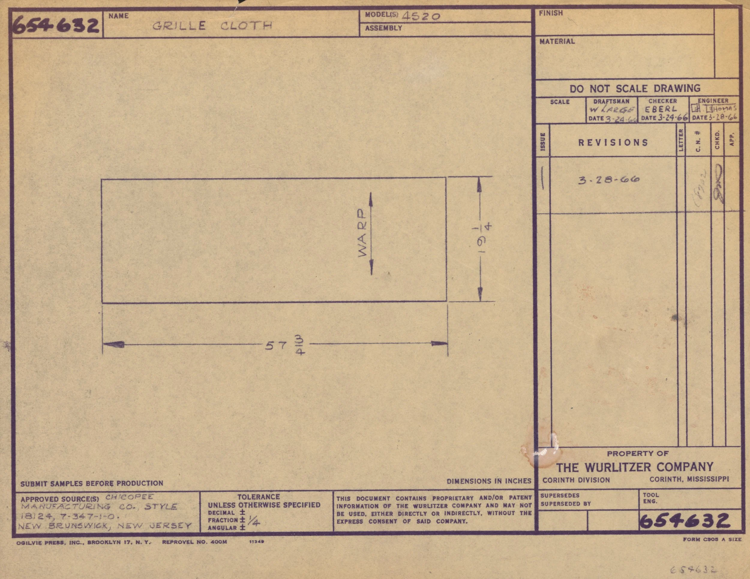 A technical drawing or blueprint for a grille cloth, including measurements, specifications, and annotations from The Wurlitzer Company in Corinth, Mississippi.