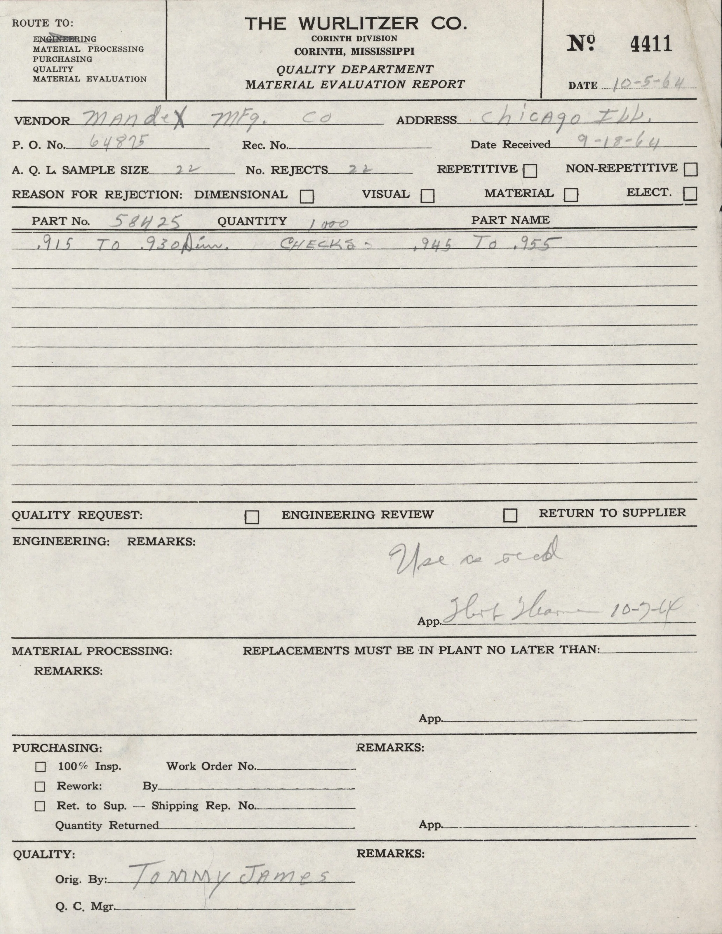 A scanned document titled 'Material Evaluation Report' from The Wurlitzer Co. dated 10-5-64. It includes handwritten notes and typed details about vendor, address, and material specifics.