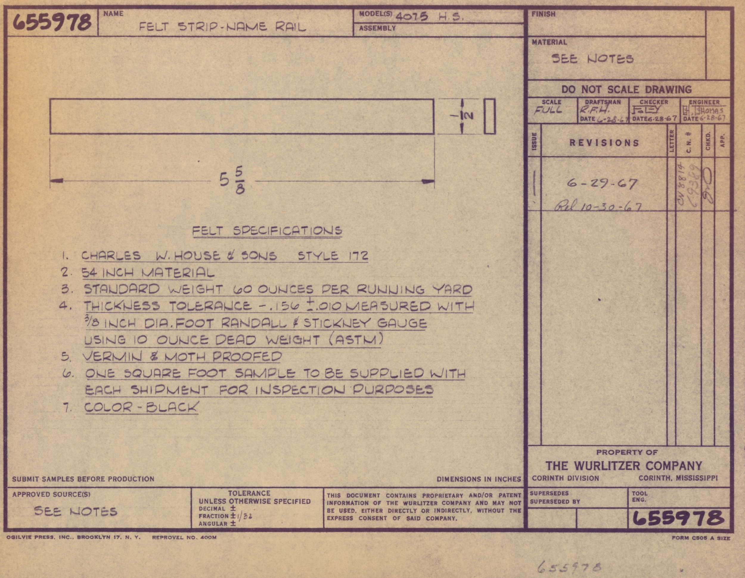 Blueprint detailing specifications for a felt strip with the name rail, including materials, dimensions, and other technical notes.