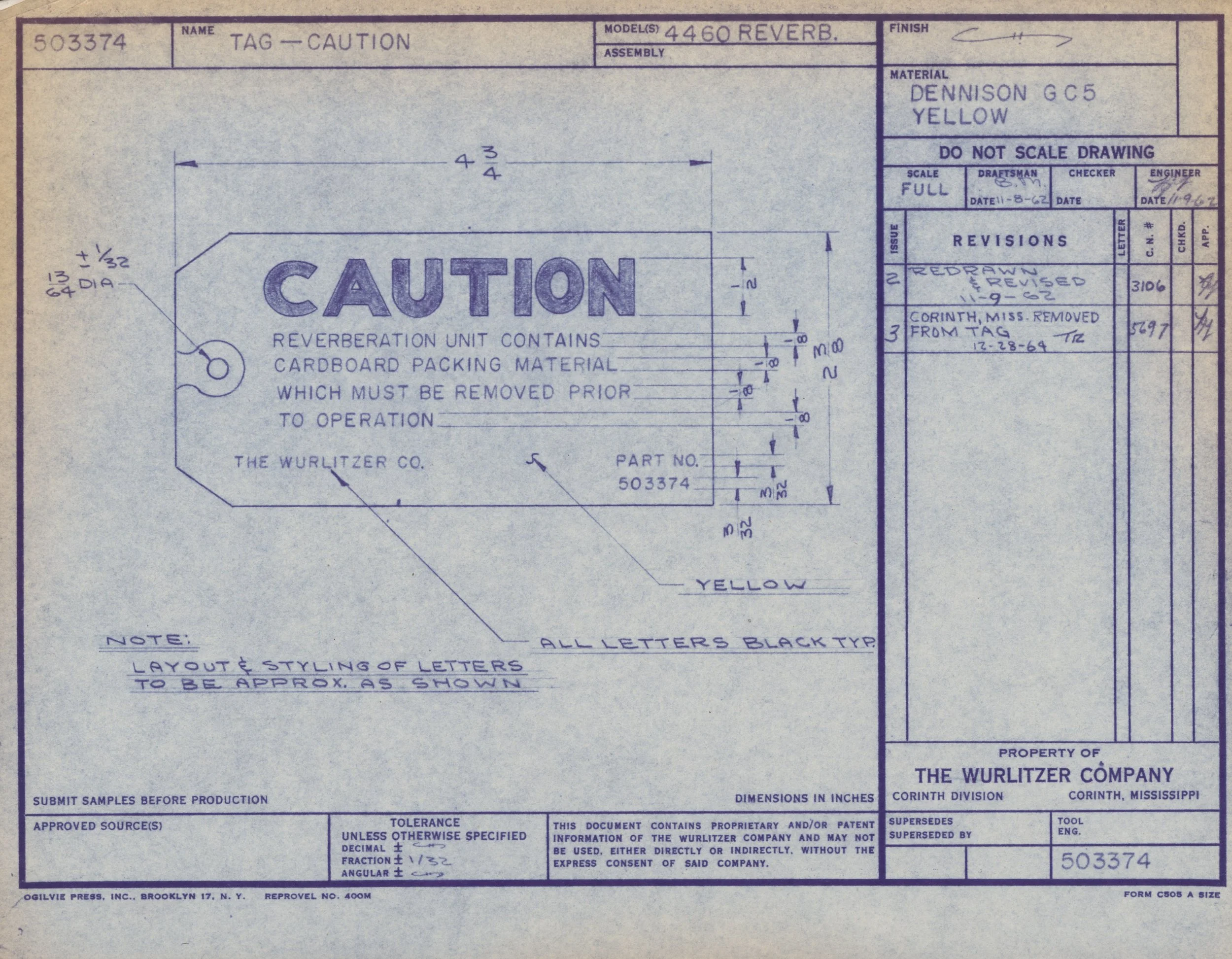 A blueprint or technical drawing of a caution tag for a reverberation unit, containing detailed measurements and specifications, with handwritten notes and property information from The Wurlitzer Company.