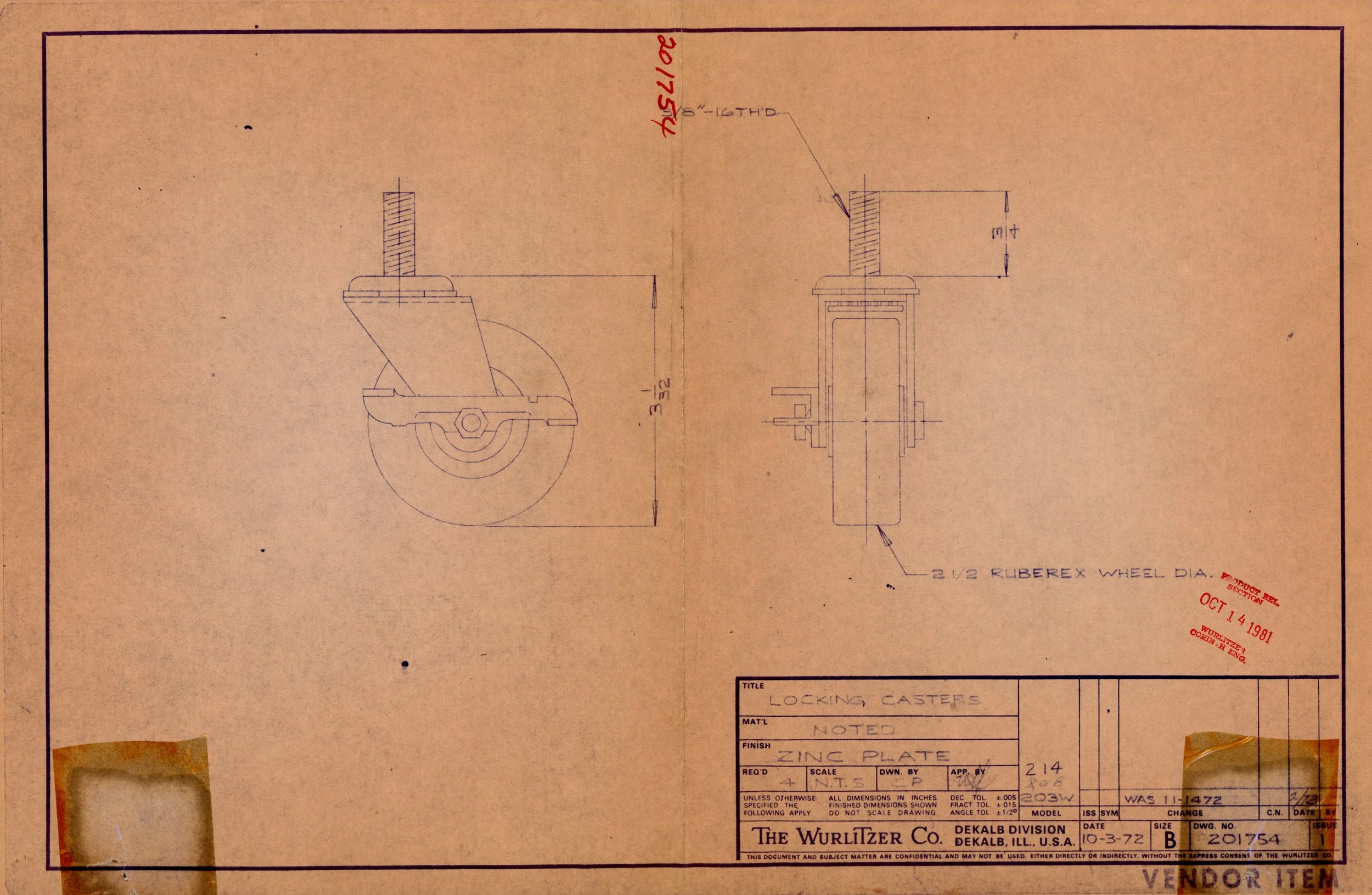 Technical engineering drawing of locking casters, showing side and front views with measurements. The drawing includes a note about a 2 1/2 inch rubber wheel diameter. It was created by The Wurlitzer Co. in Dekalb, Illinois, dated October 3, 1972.