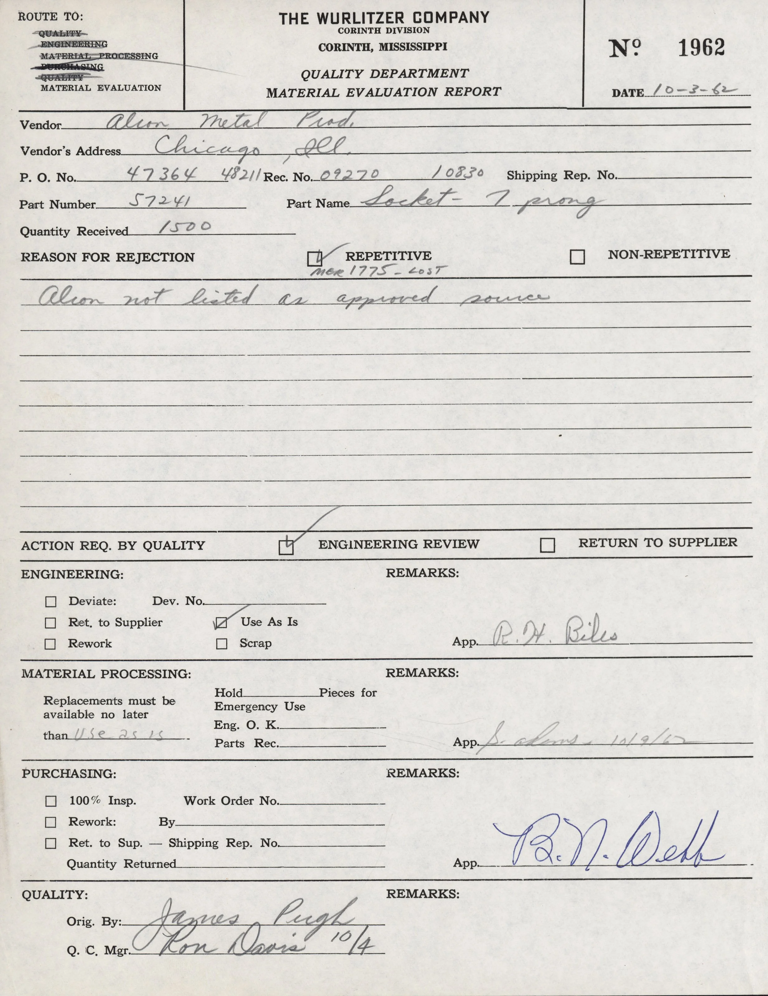 A material evaluation report form from The Wurlitzer Company in Corinth, Mississippi, dated October 3, 1962. It contains handwritten entries about vendor, part, rejection reasons, and approval signatures.