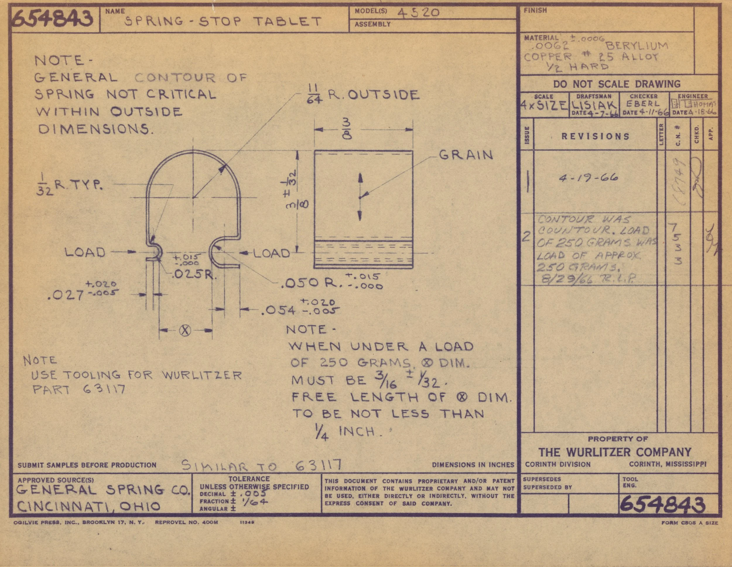 Technical drawing blueprint for a spring-stop tablet with specifications, dimensions, and notes on materials and construction from General Spring Co. in Cincinnati, Ohio.