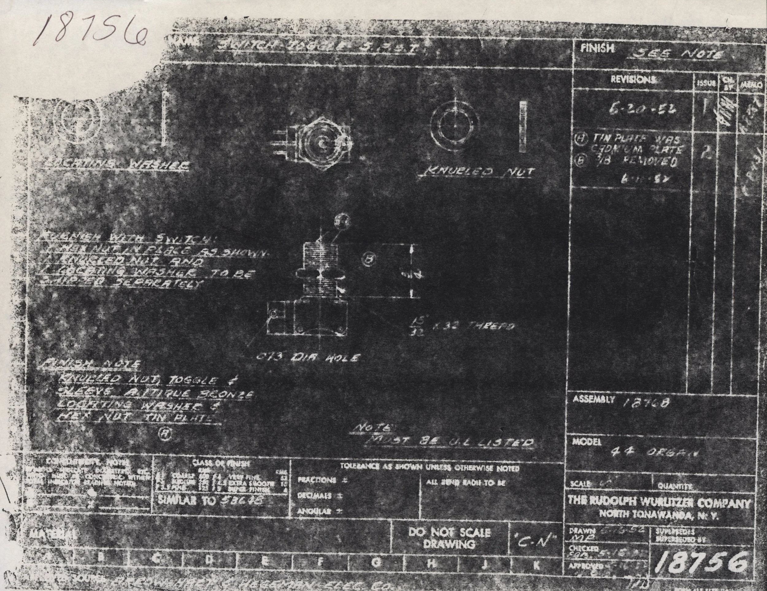 A black and white technical drawing or blueprint from 1956, showing detailed instructions and measurements related to a mechanical or industrial component or assembly, including notes on parts like nuts, nuts, and washers, with handwritten annotation