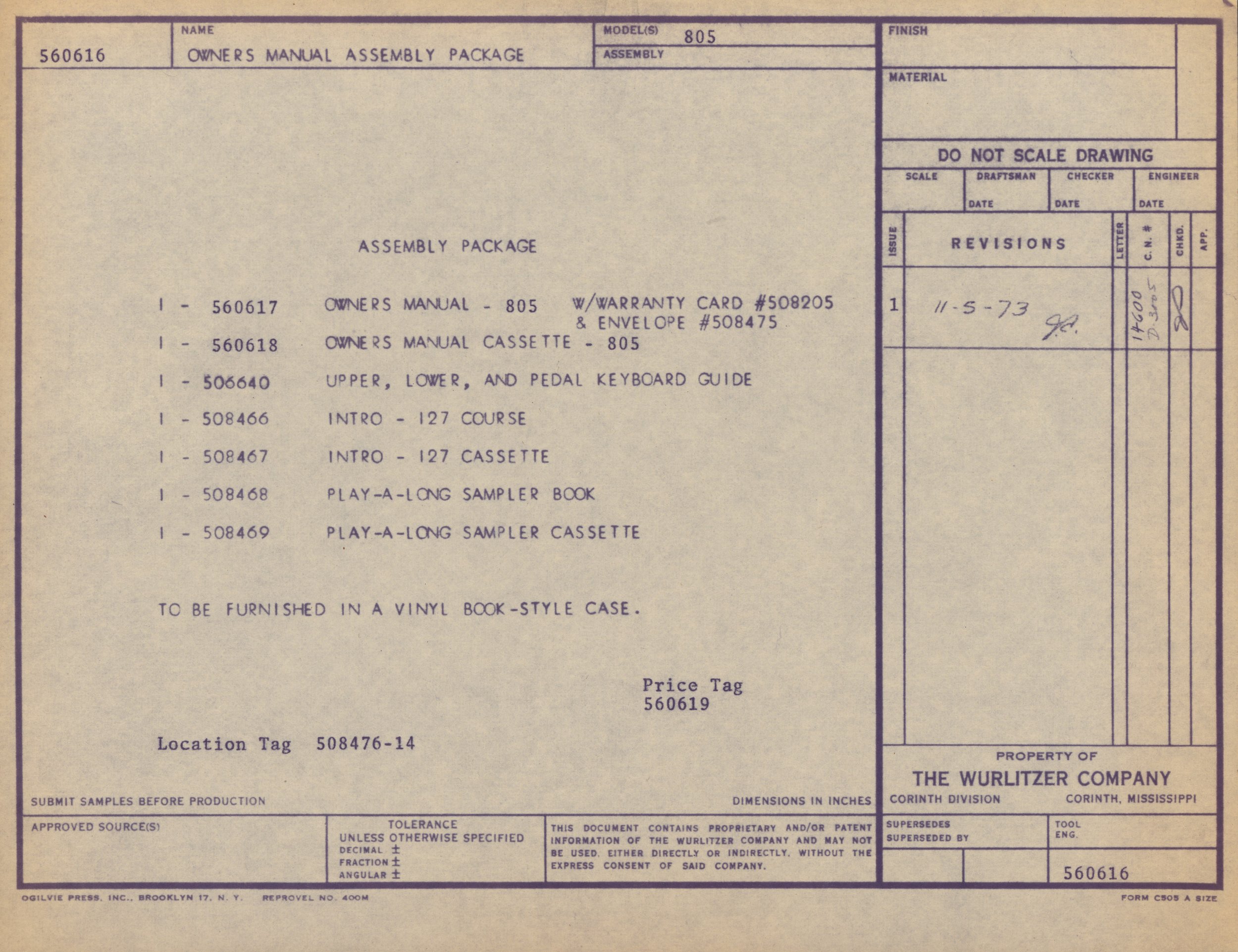 Close-up of a vintage blueprint or technical drawing for an owner's manual assembly package, including part numbers, revision notes, and company information.