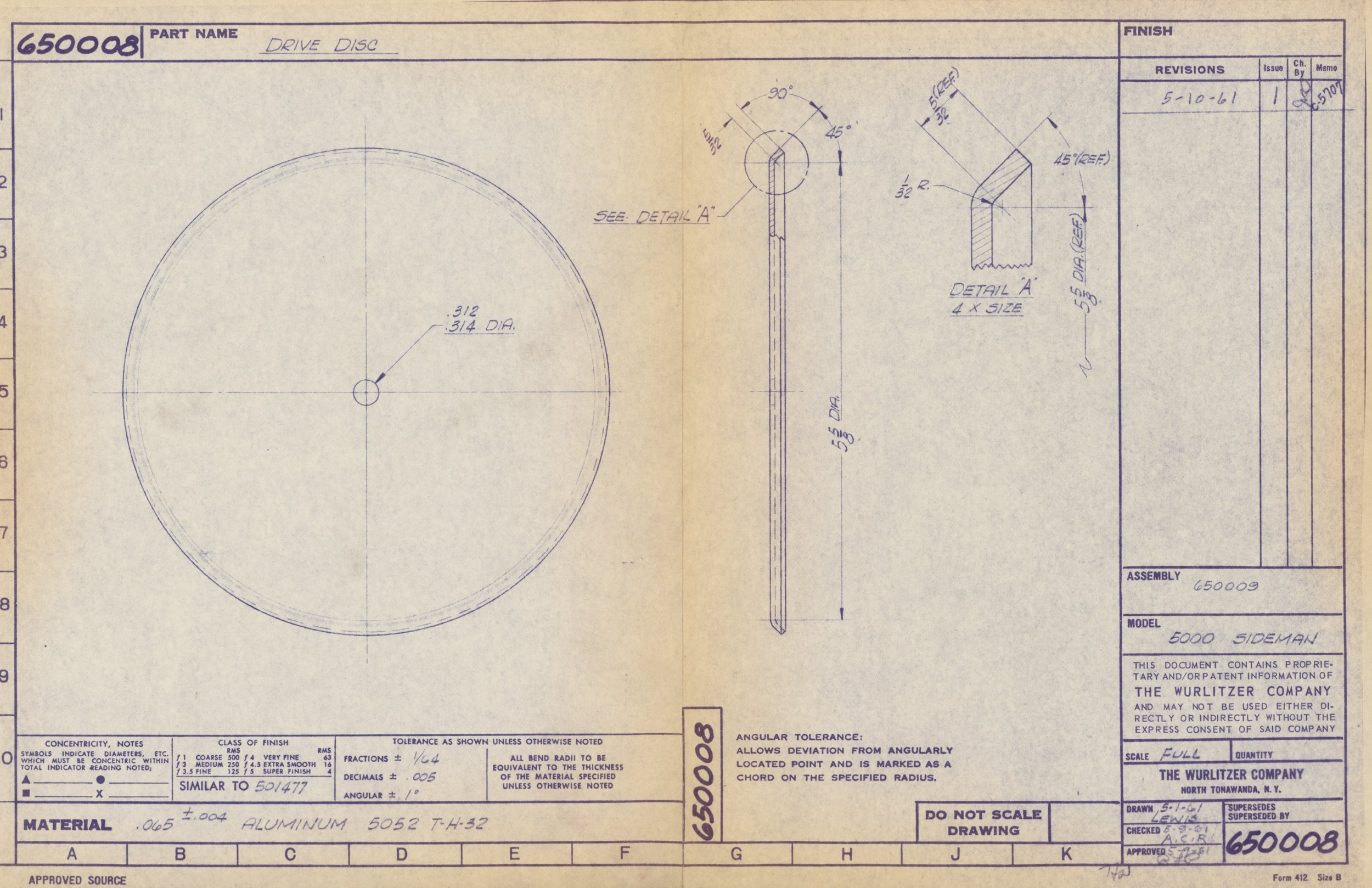 Technical engineering drawing of a drive disc, including dimensions, section details, and notes.