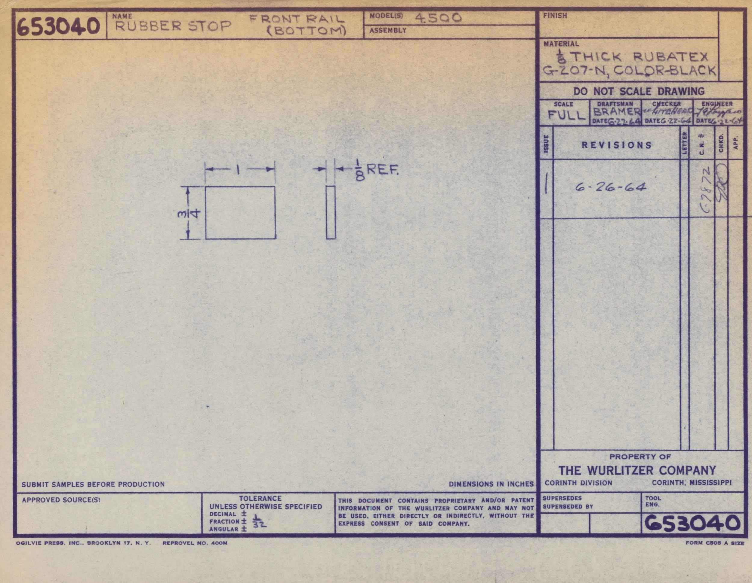 Technical blueprint or engineering drawing for a rubber stop, showing measurements and annotations.
