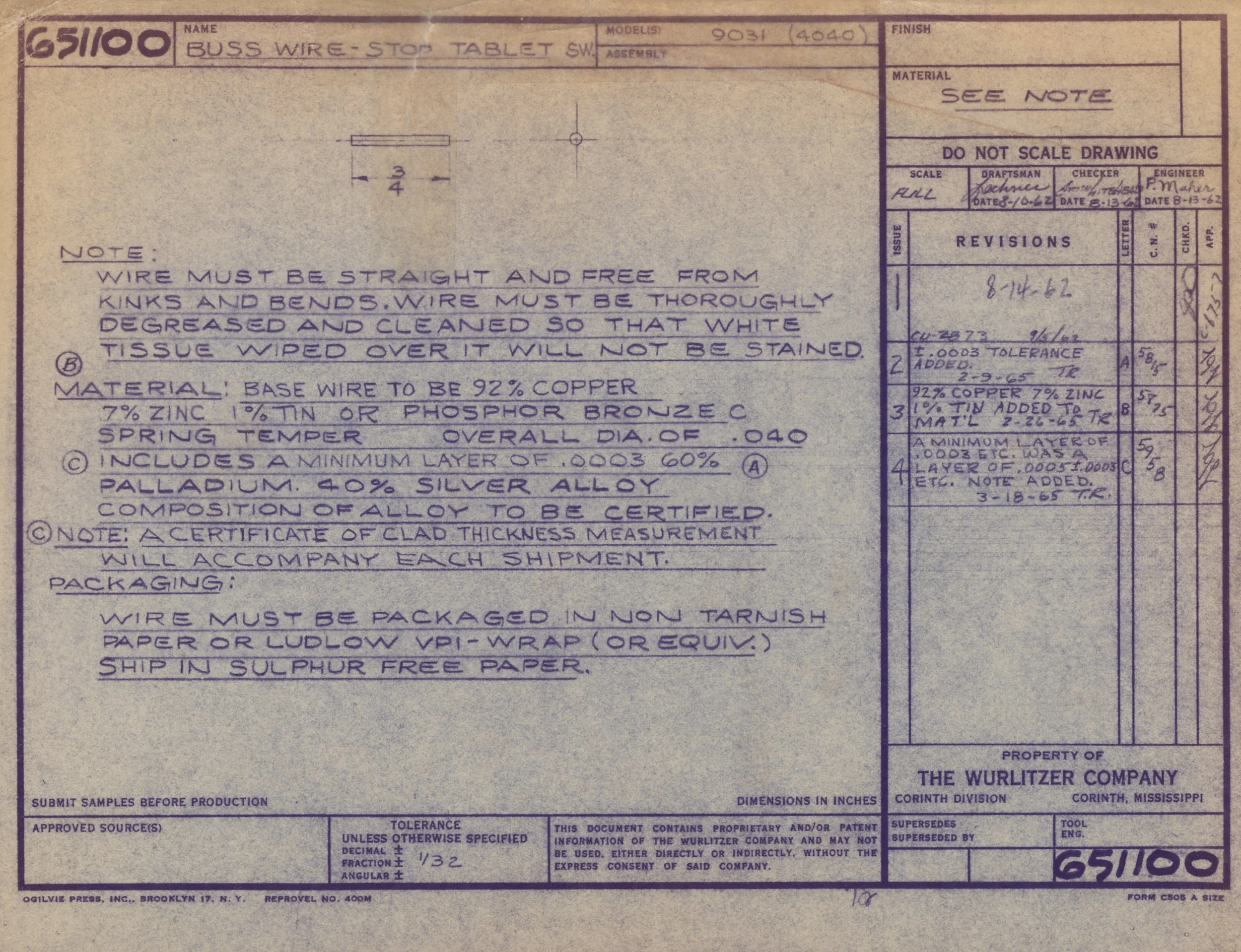 A technical engineering drawing for a 'Buss Wire-Stop Tablet Switch', including specifications and instructions, with handwritten notes and measurements.