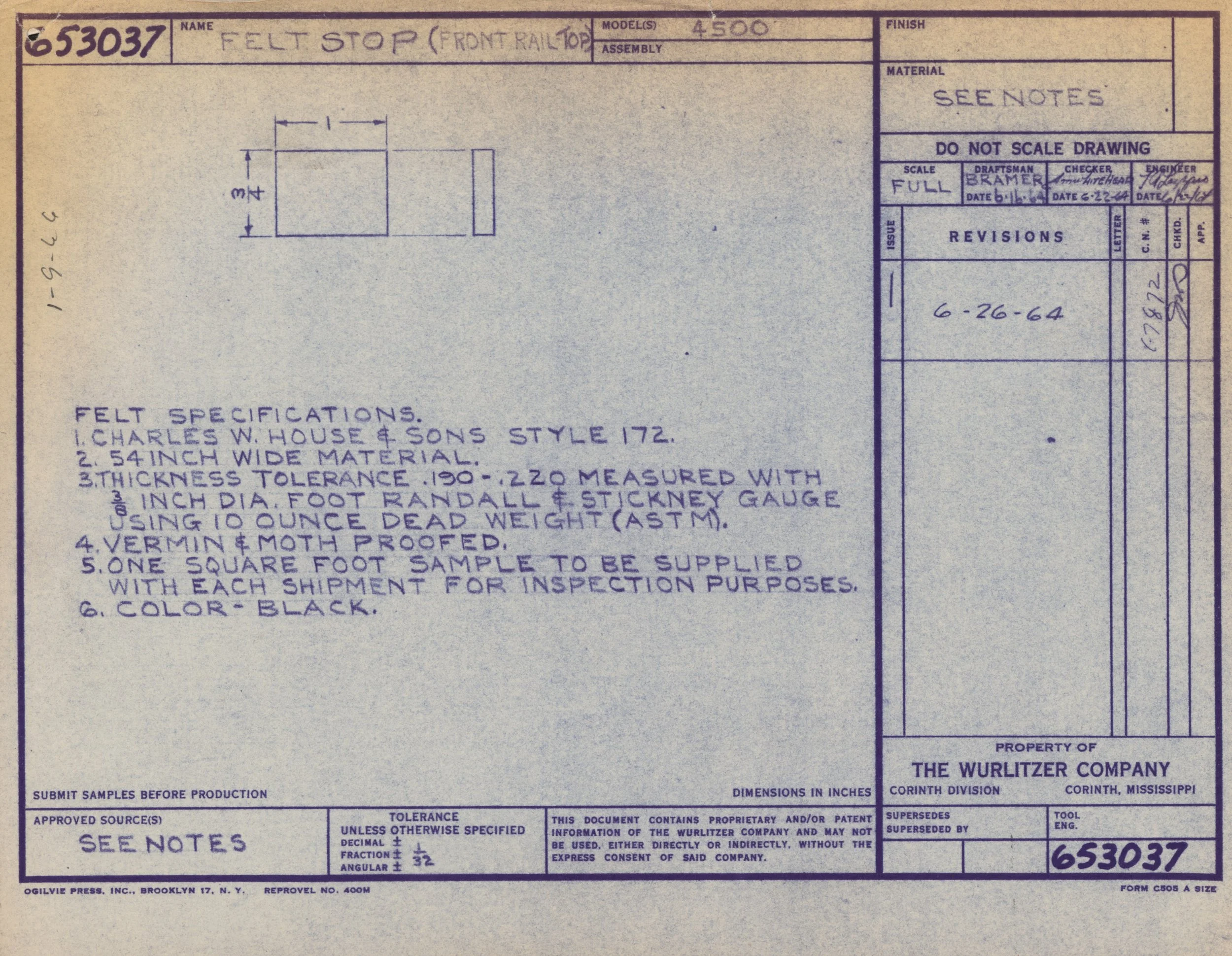 Blueprint drawing of a felt stop for a front railing, with detailed measurements and specifications, created by The Wurlitzer Company in Corinth, Mississippi.