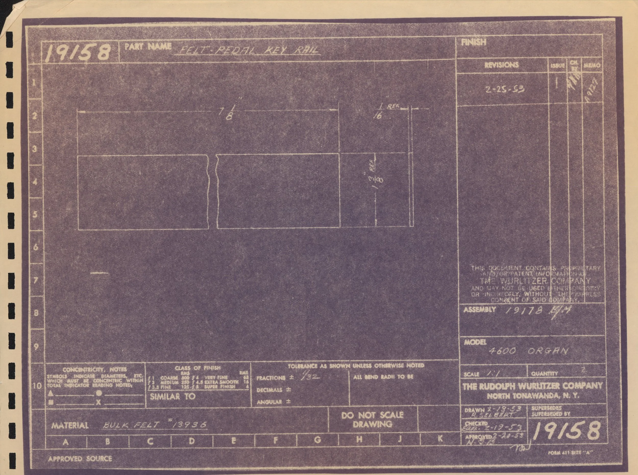 Blueprint or technical drawing of a metal pedal key rail with measurements and specifications, including text notes and revision information, created by Rudolph Wurlitzer Company in 1918.