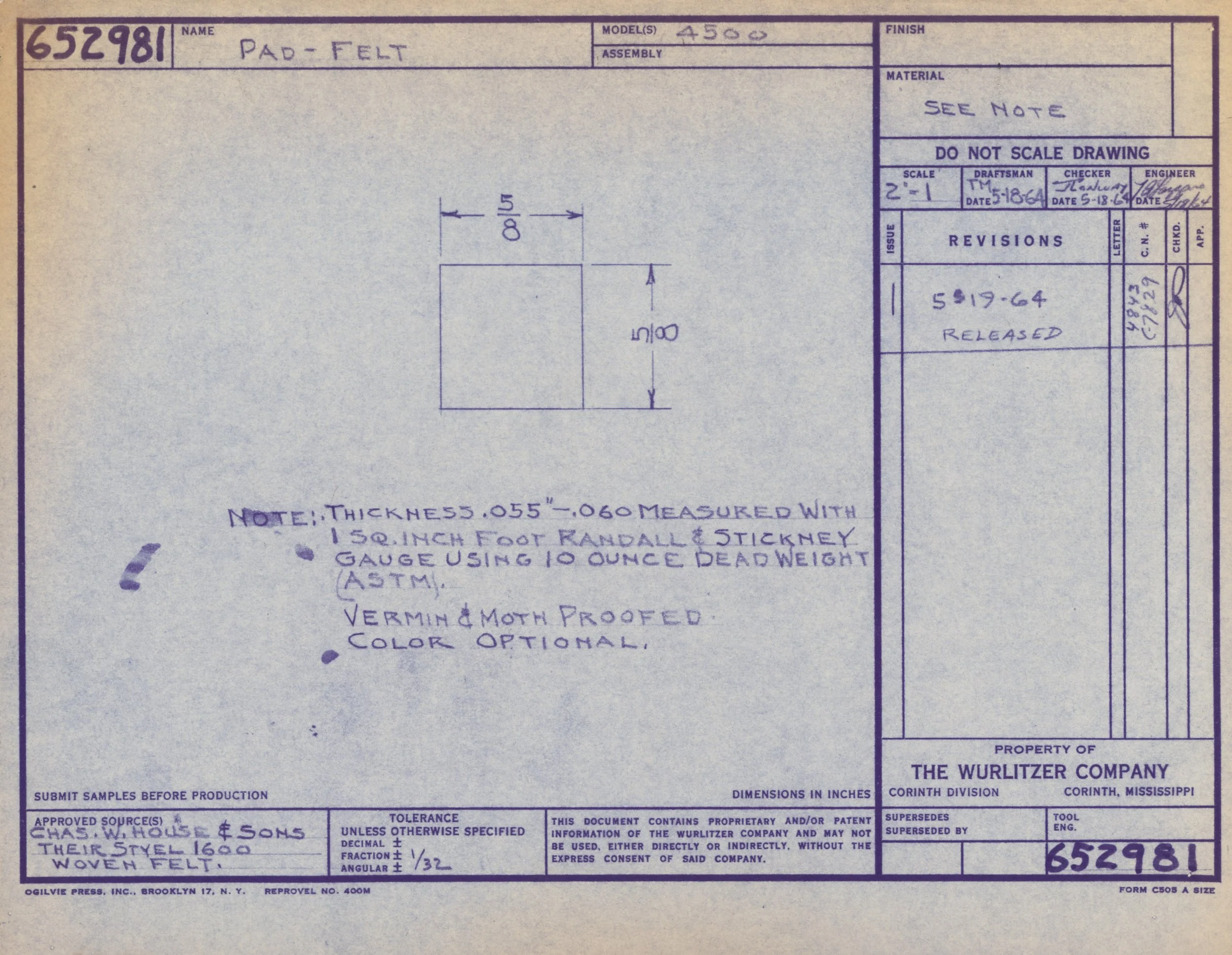 A technical drawing or blueprint of a felt pad with dimensions, notes about material, and references to revisions and approvals.