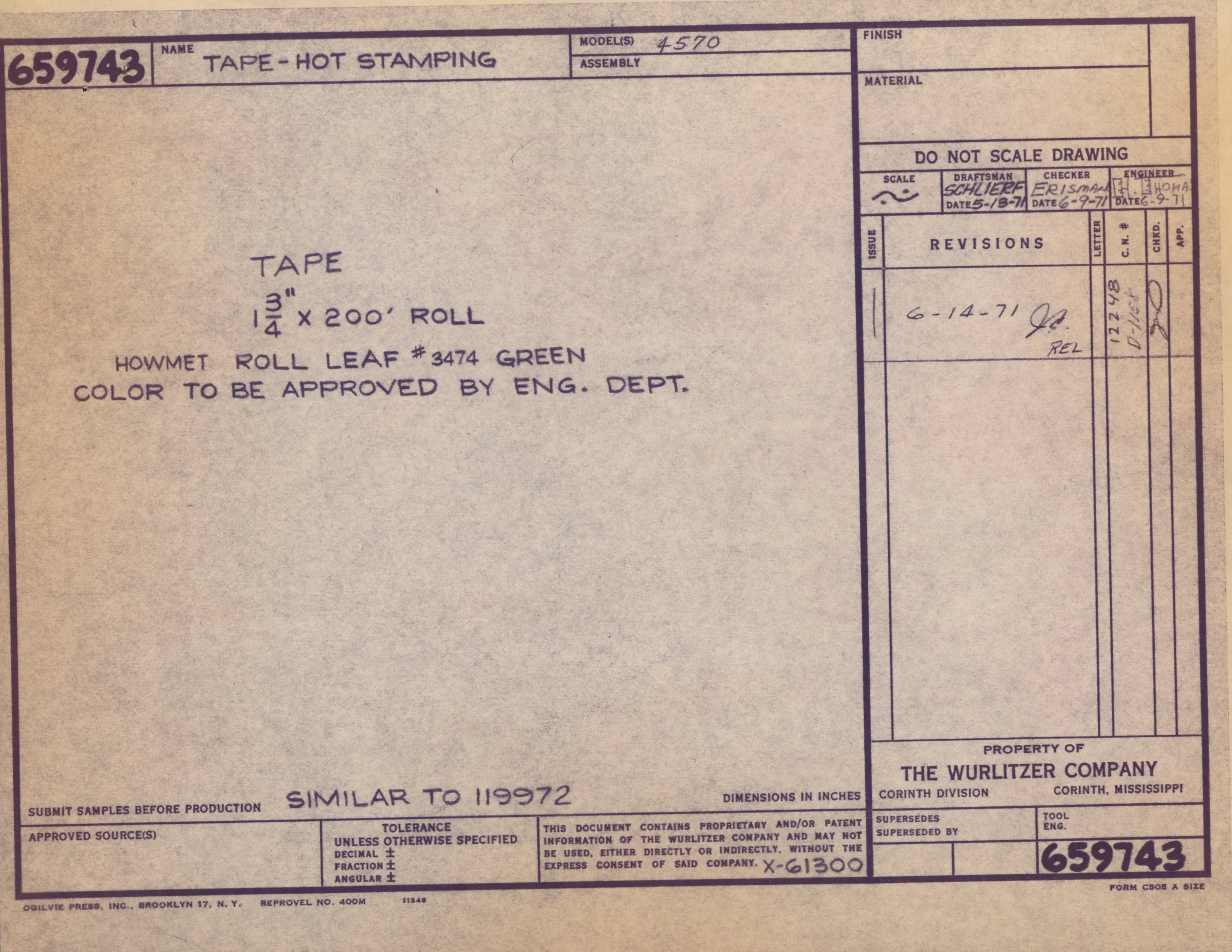 Technical engineering drawing document for tape labeled as 'hot stamping', measuring 4 inches by 200 feet, green color, approved by engineering department, with handwritten notes and signatures, and company and location details.