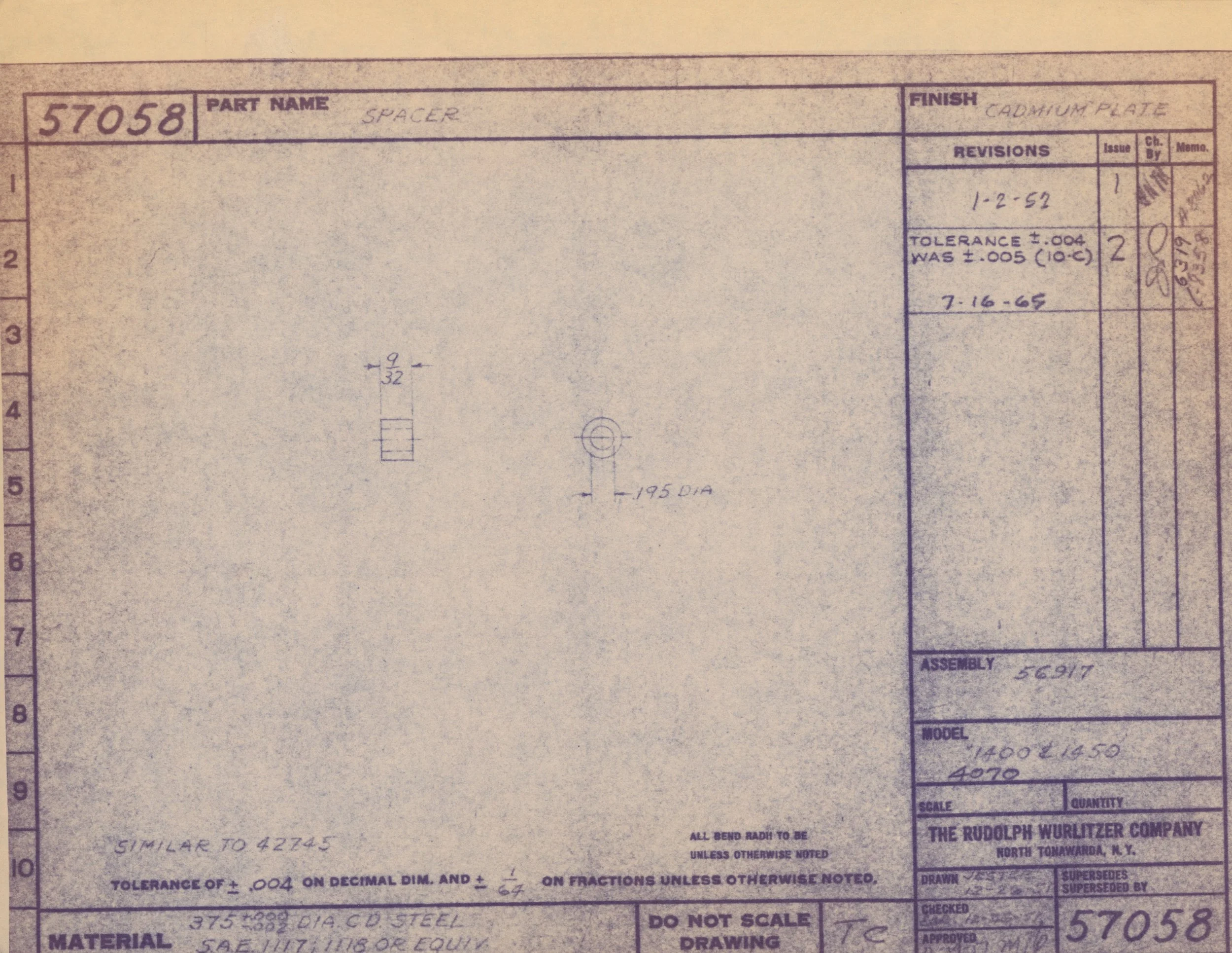 Close-up of a technical blueprint or engineering drawing showing parts, measurements, and notes, with a focus on part number 57058 labeled "Spacer."