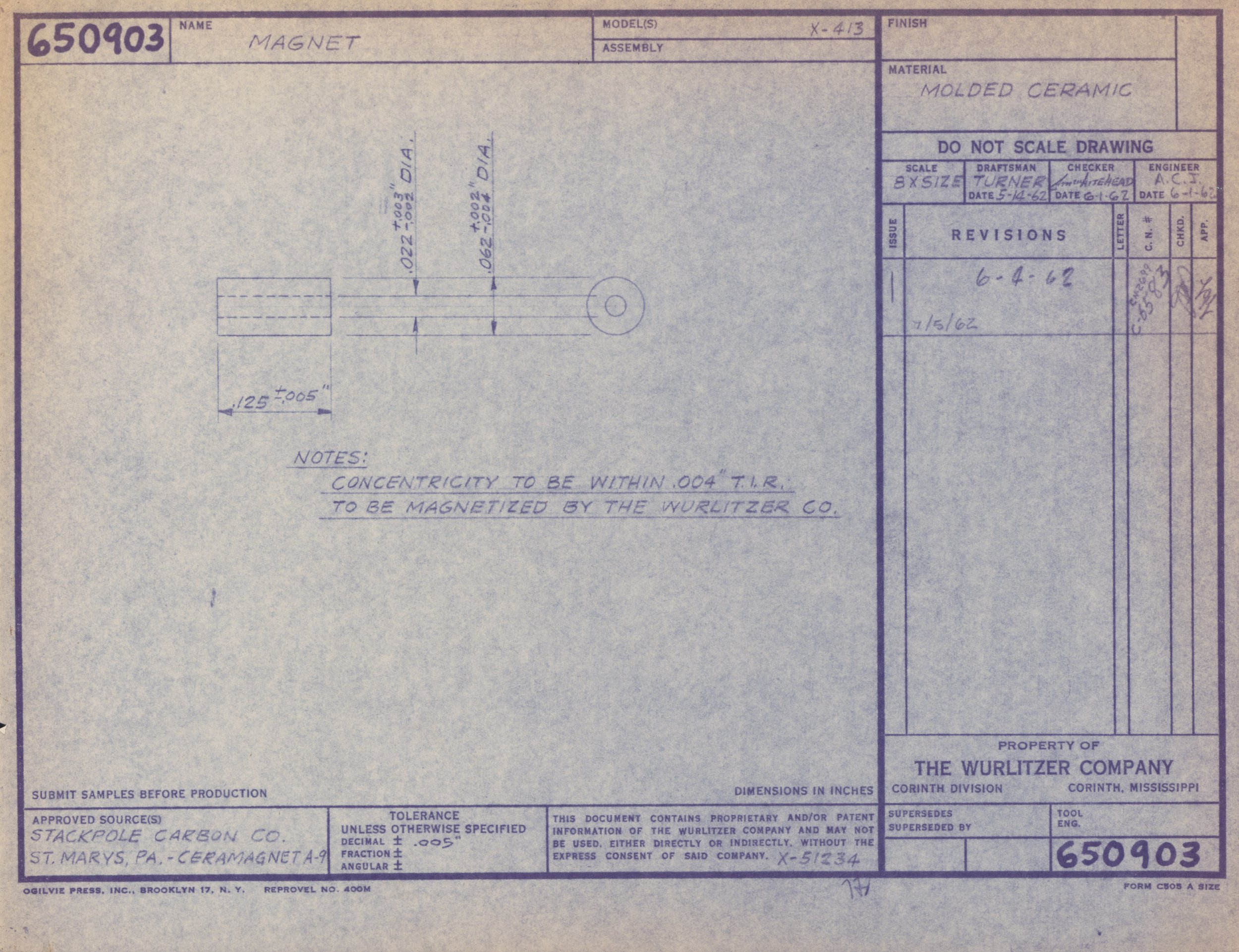 Technical drawing of a molded ceramic magnet with measurements and notes, prepared by The Wurlitzer Company.