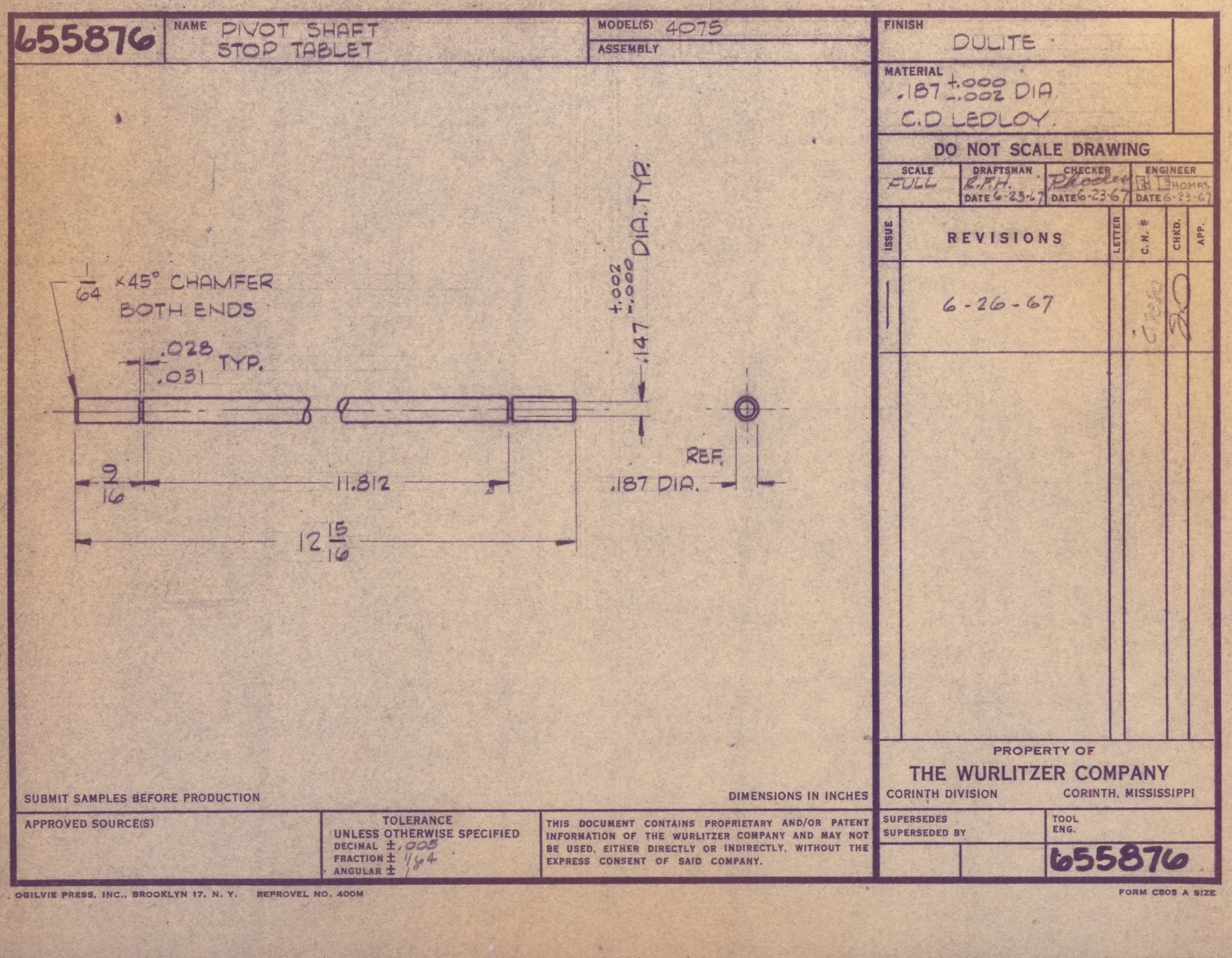 Technical drawing of a pivot shaft stop tablet with measurements and specifications. Contains handwritten notes, signatures, and approval stamps, with details about the model, dimensions, and manufacturing information.